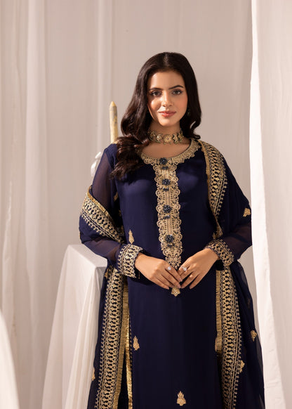 Embroidered Navy Blue Chiffon Pakistani Suit Online in Dubai UAE Abudhabi Ajman Sharjah