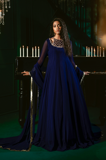 Embroidered Navy Blue Chiffon Pishwas Designer Suit Online in Sri Lanka India Australia