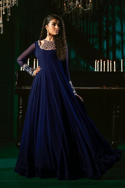 Embroidered Navy Blue Chiffon Pishwas Salwar Suit Online in Sri Lanka India Australia