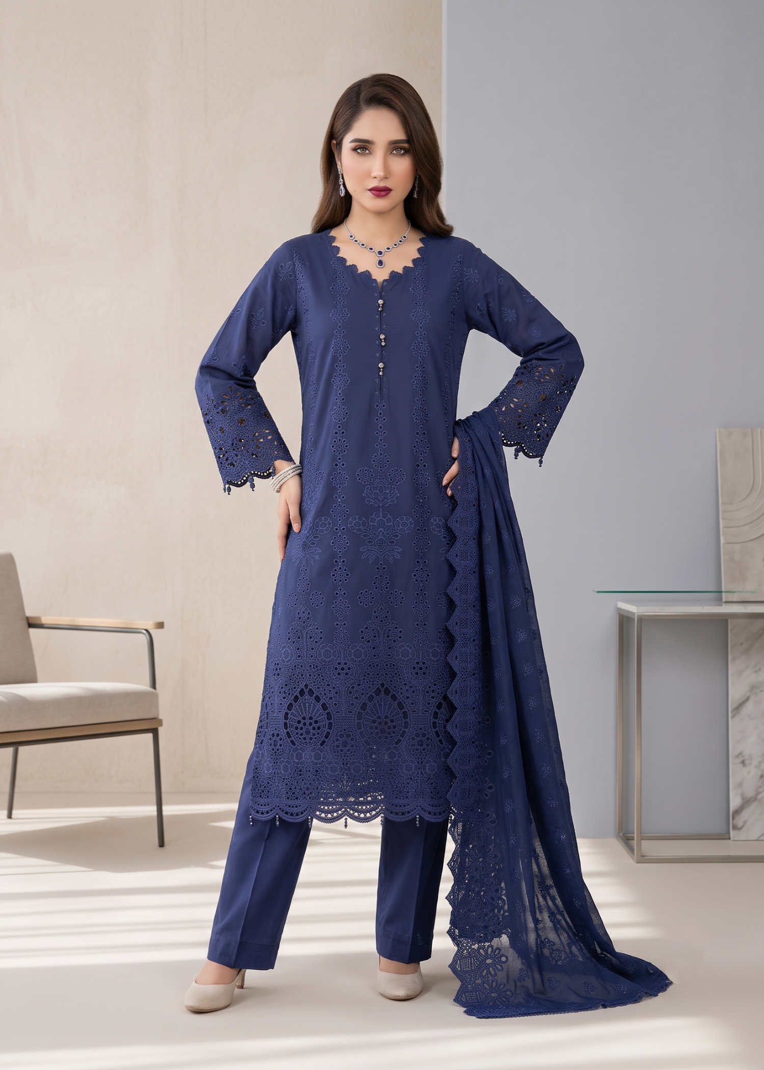 Embroidered Navy Blue Cotton Pakistani Suit Online in Sri Lanka India Australia