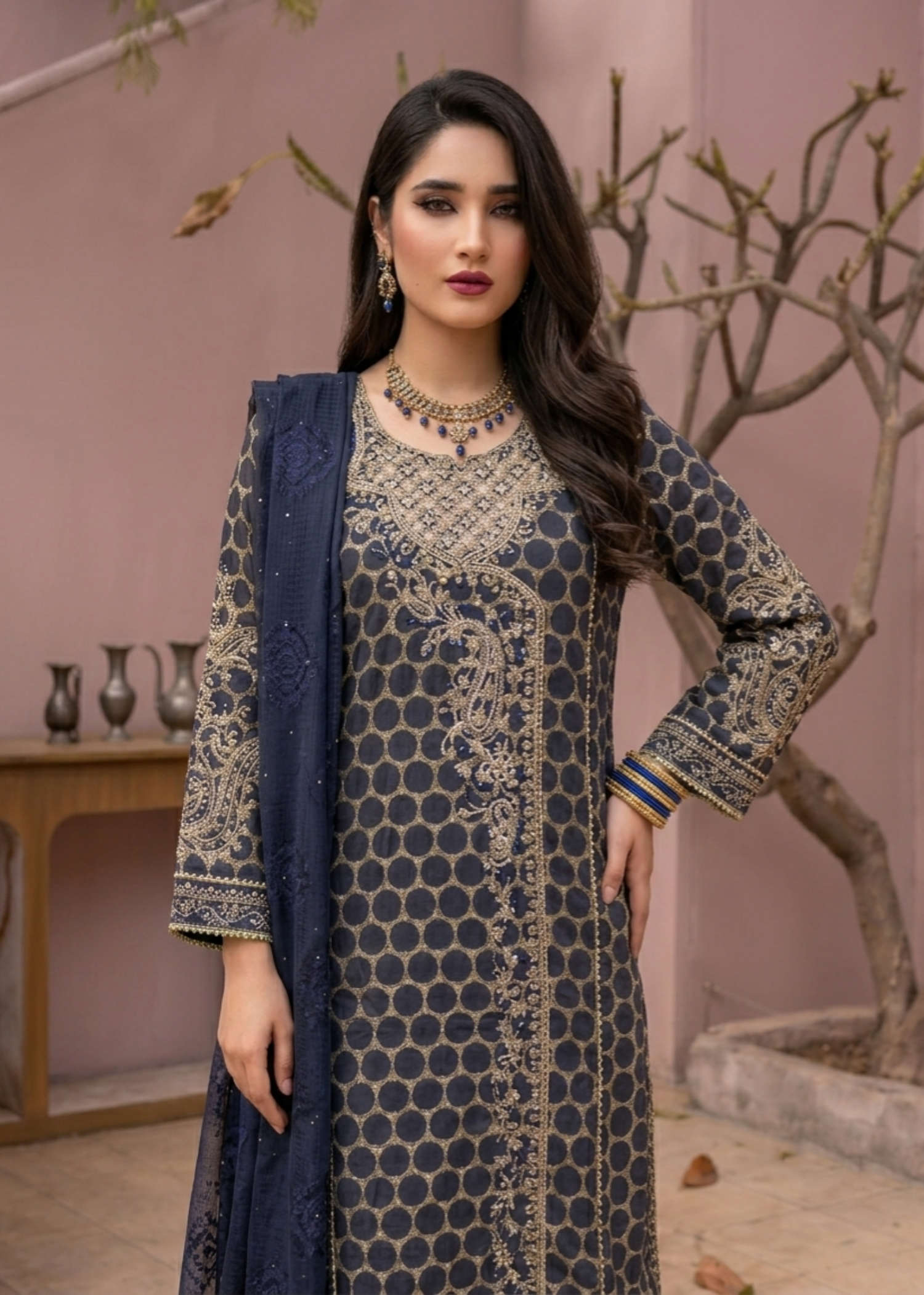 Embroidered Navy Blue Jacquard Festive Salwar Suit Online in Dubai DXB UAE Abudhabi Meena Bazaar