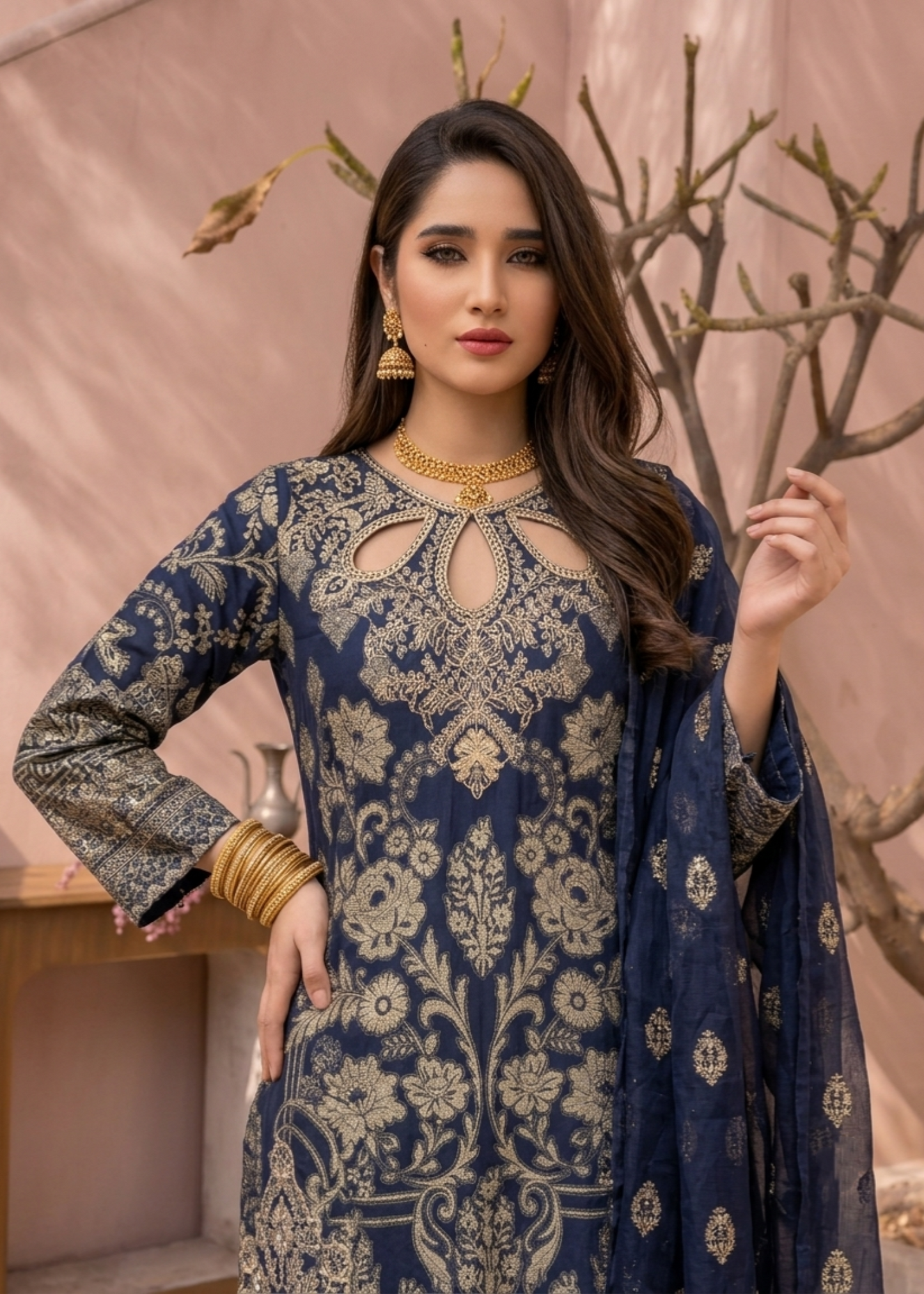 Embroidered Navy Blue Jacquard Festive Wear Suit Online in Dubai UAE Abudhabi Ajman Sharjah