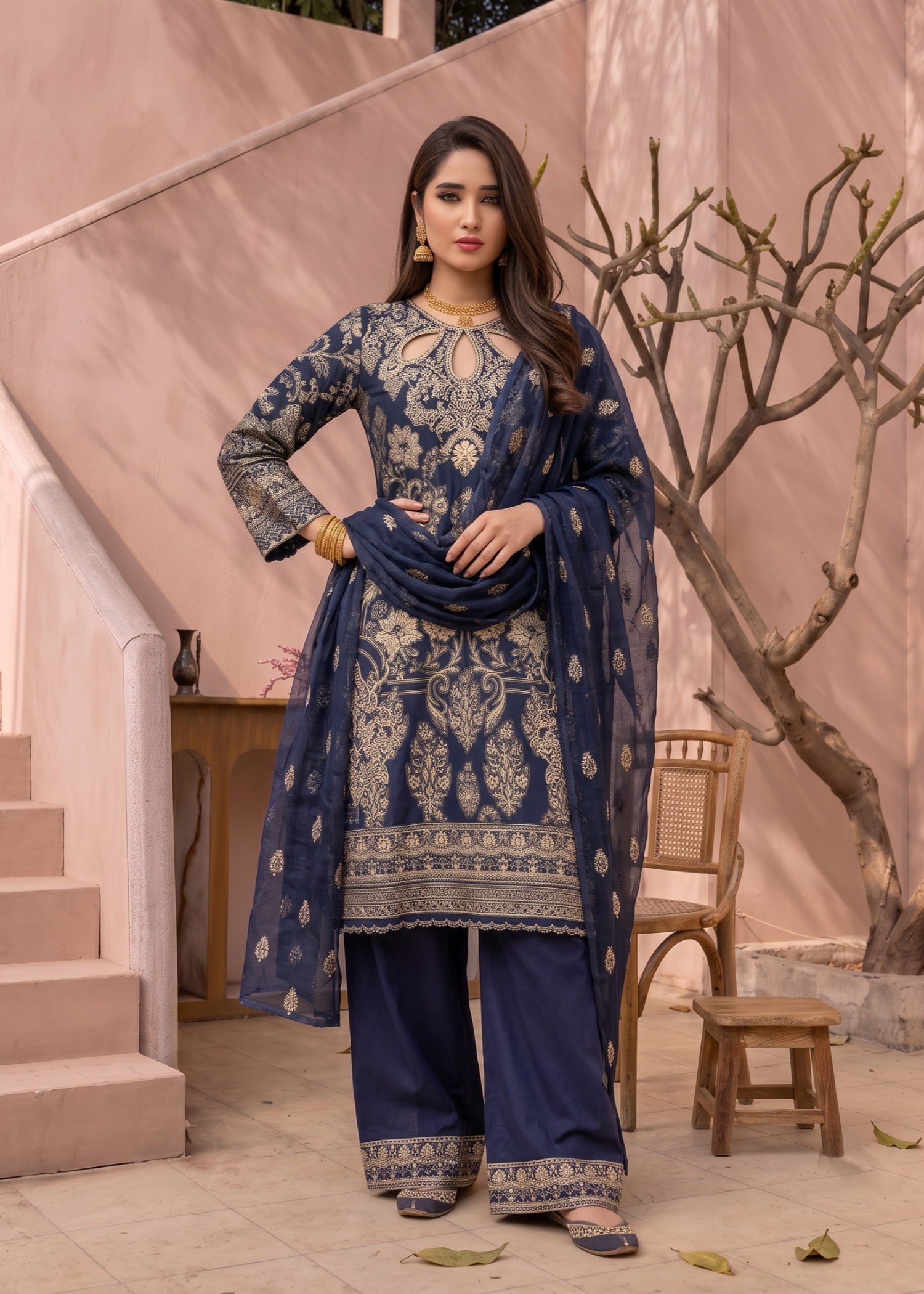 Embroidered Navy Blue Jacquard Salwar Kameez Online in KSA Riyadh Saudi Arabia Oman Bahrain Qatar
