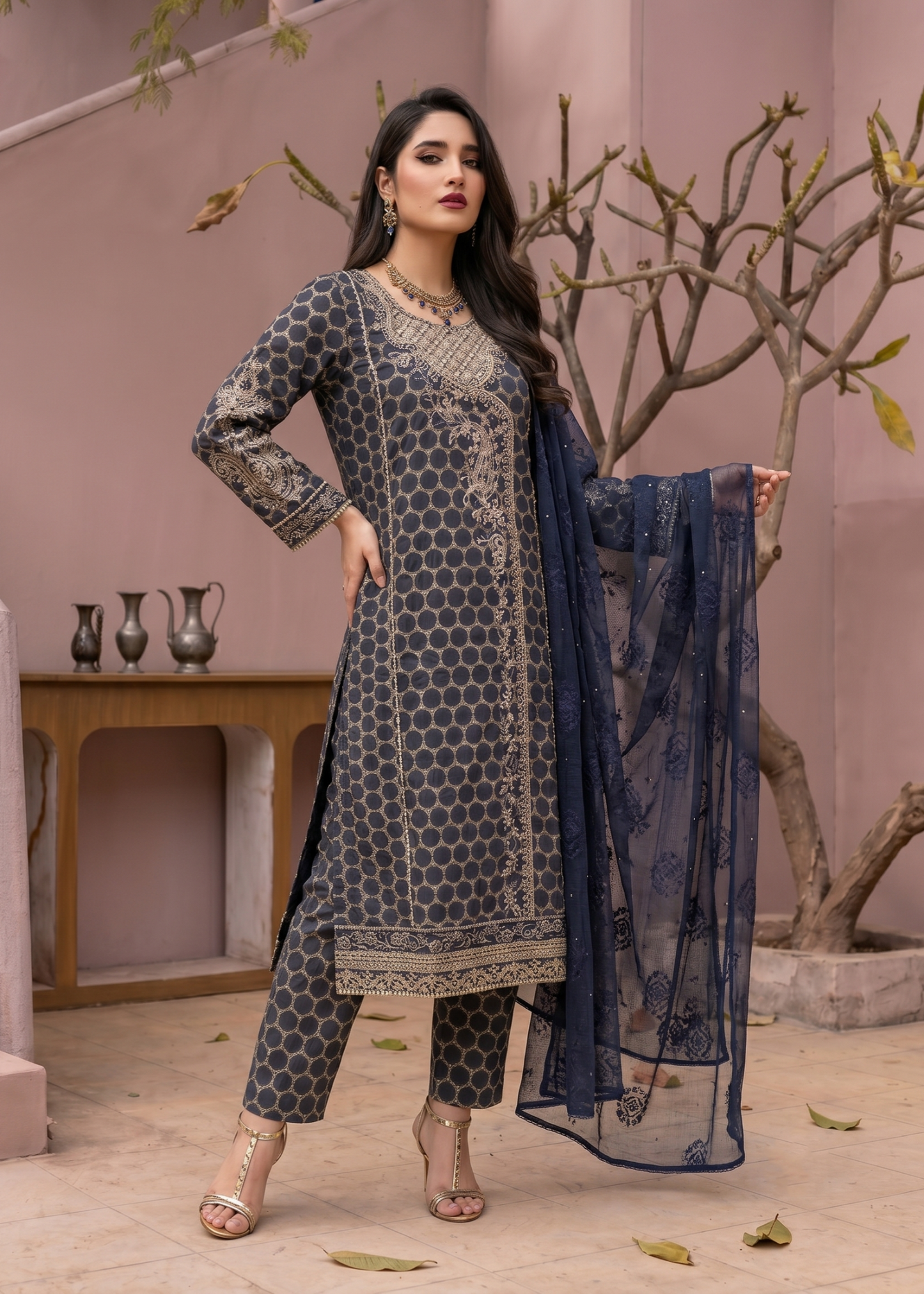Embroidered Navy Blue Jacquard Salwar Suit Online in Dubai DXB UAE Abudhabi Meena Bazaar