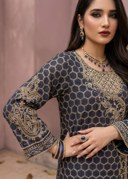 Embroidered Navy Blue Jacquard Suit Online in Dubai DXB UAE Abudhabi Meena Bazaar