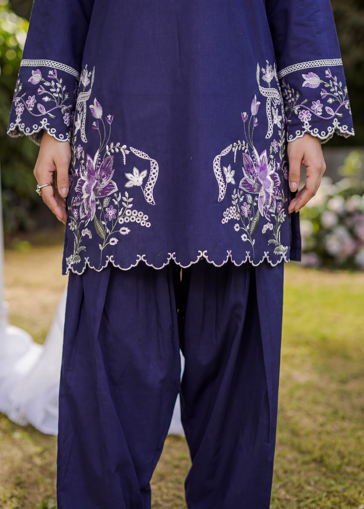 Embroidered Navy Blue Lawn Farshi Shalwar Online in Sri Lanka India Australia