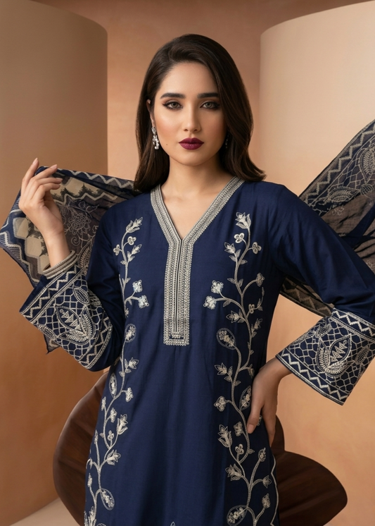 Embroidered Navy Blue Lawn Kurta Suit Online in Dubai DXB UAE Abudhabi Meena Bazaar