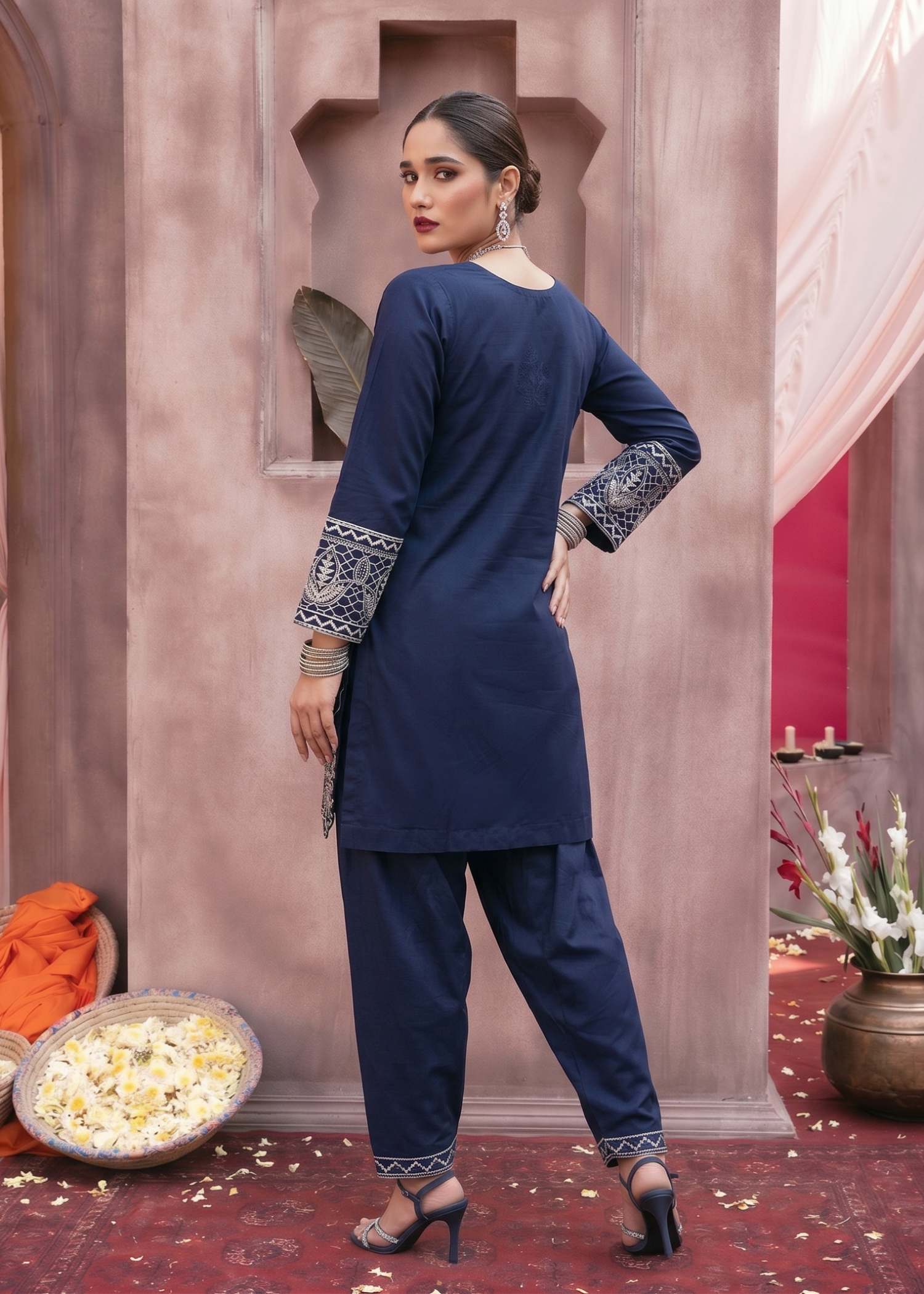 Embroidered Navy Blue Lawn Pakistani Designer Suit Online in Dubai DXB UAE Abudhabi Meena Bazaar