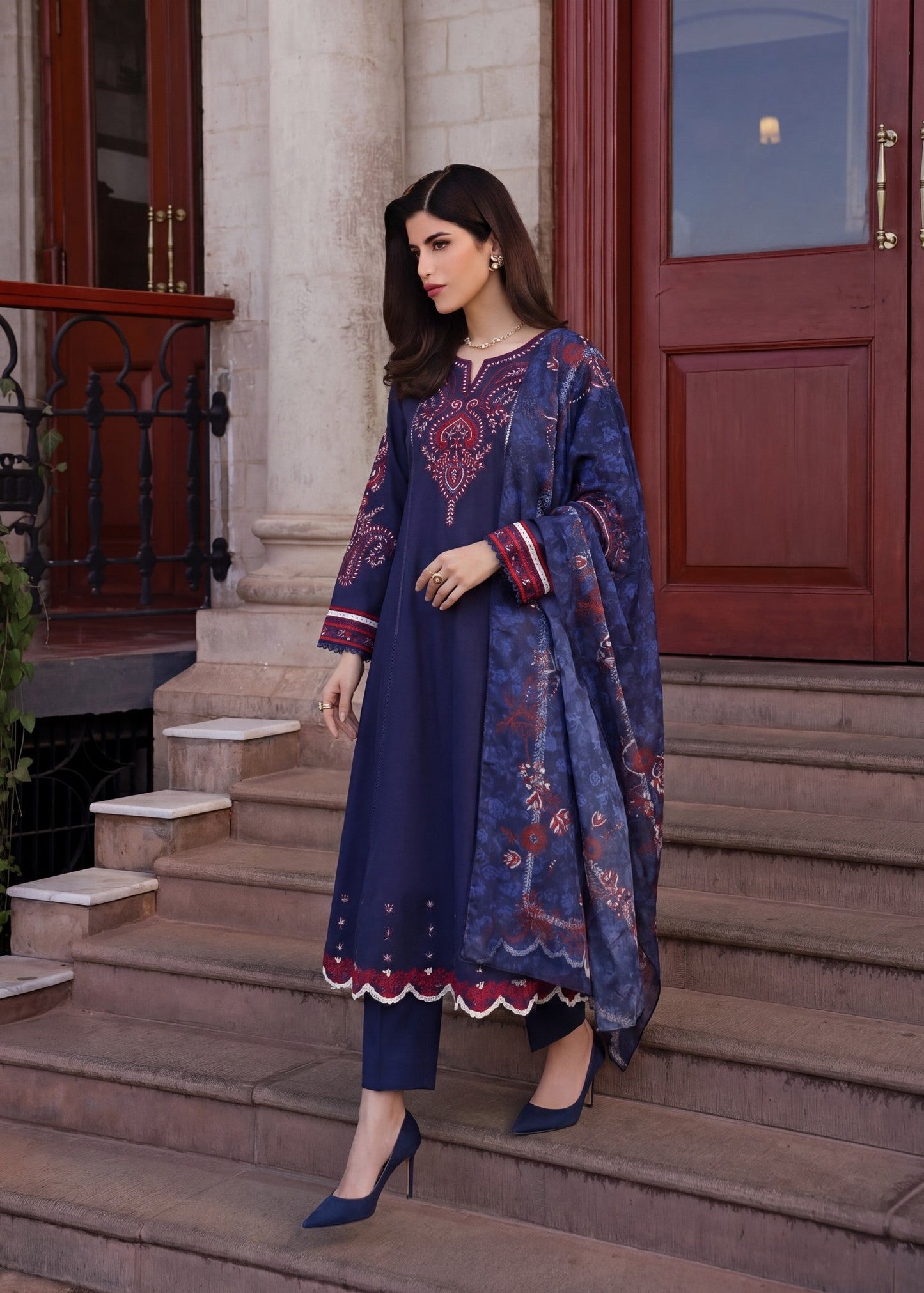 Embroidered Navy Blue Lawn Pishwas Salwar Suit Online in Dubai DXB UAE Abudhabi Meena Bazaar