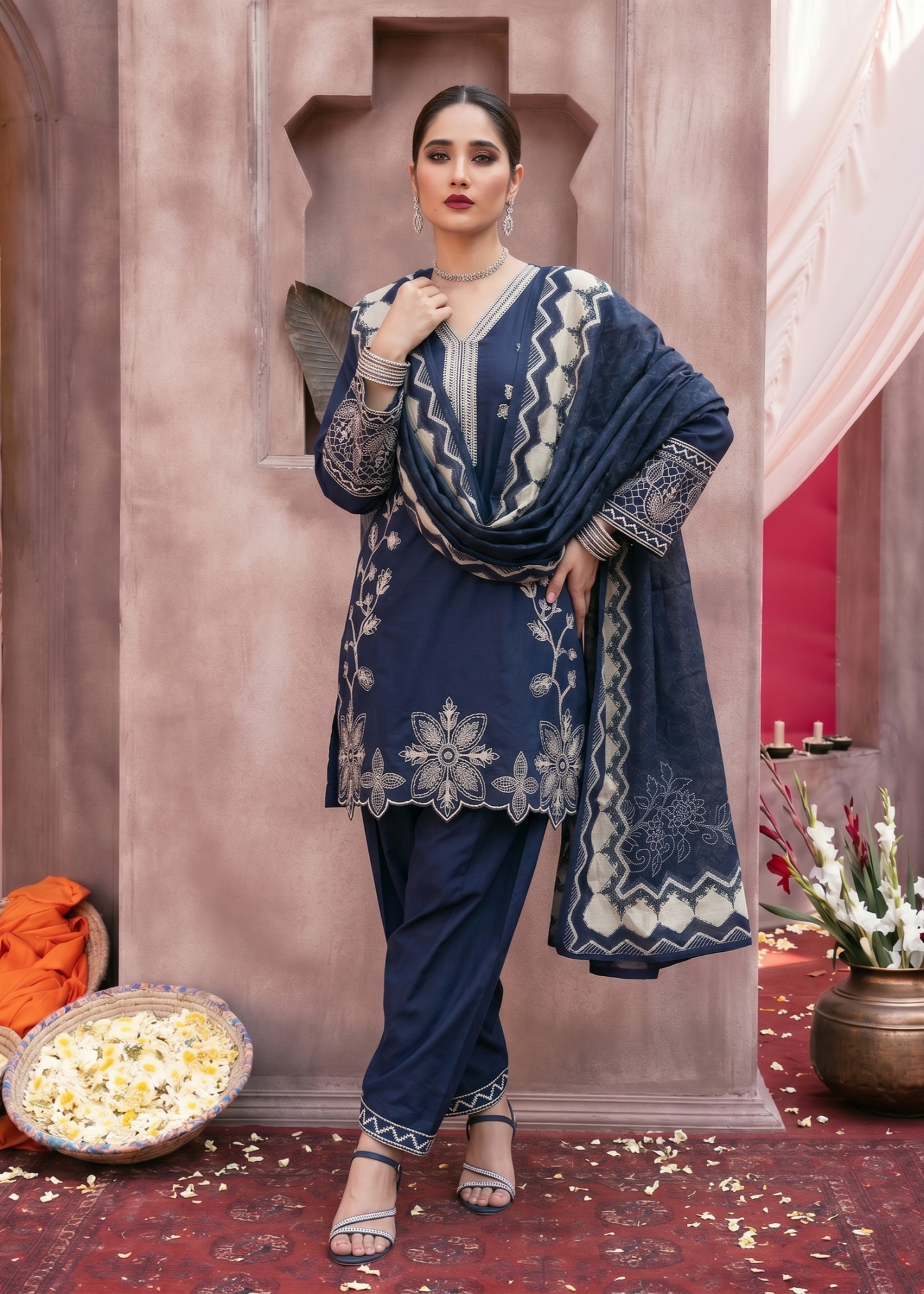 Embroidered Navy Blue Lawn Salwar Kameez Online in KSA Riyadh Saudi Arabia Oman Bahrain Qatar