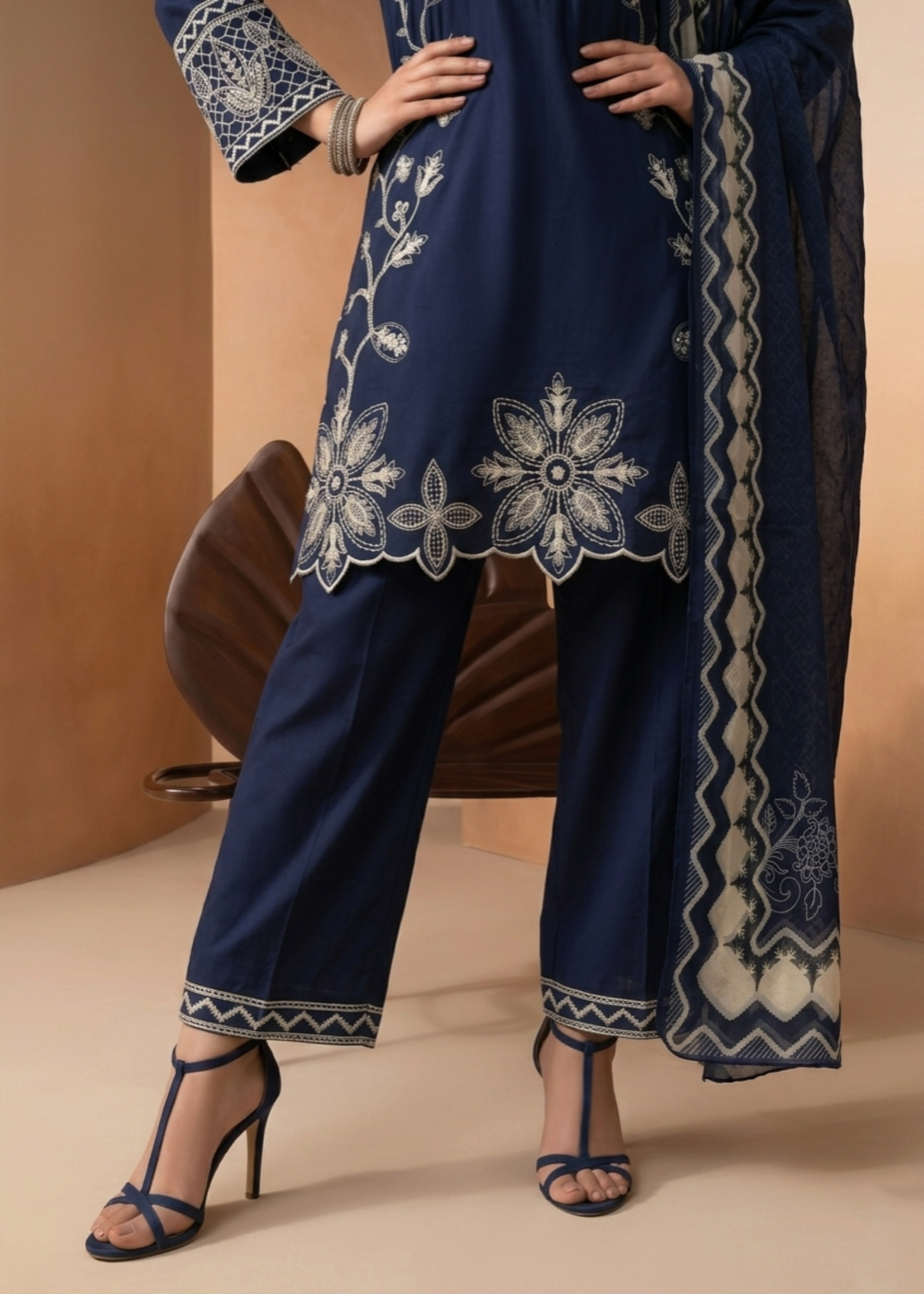 Embroidered Navy Blue Lawn Straight Kurta Suit Online in Dubai DXB UAE Abudhabi Meena Bazaar