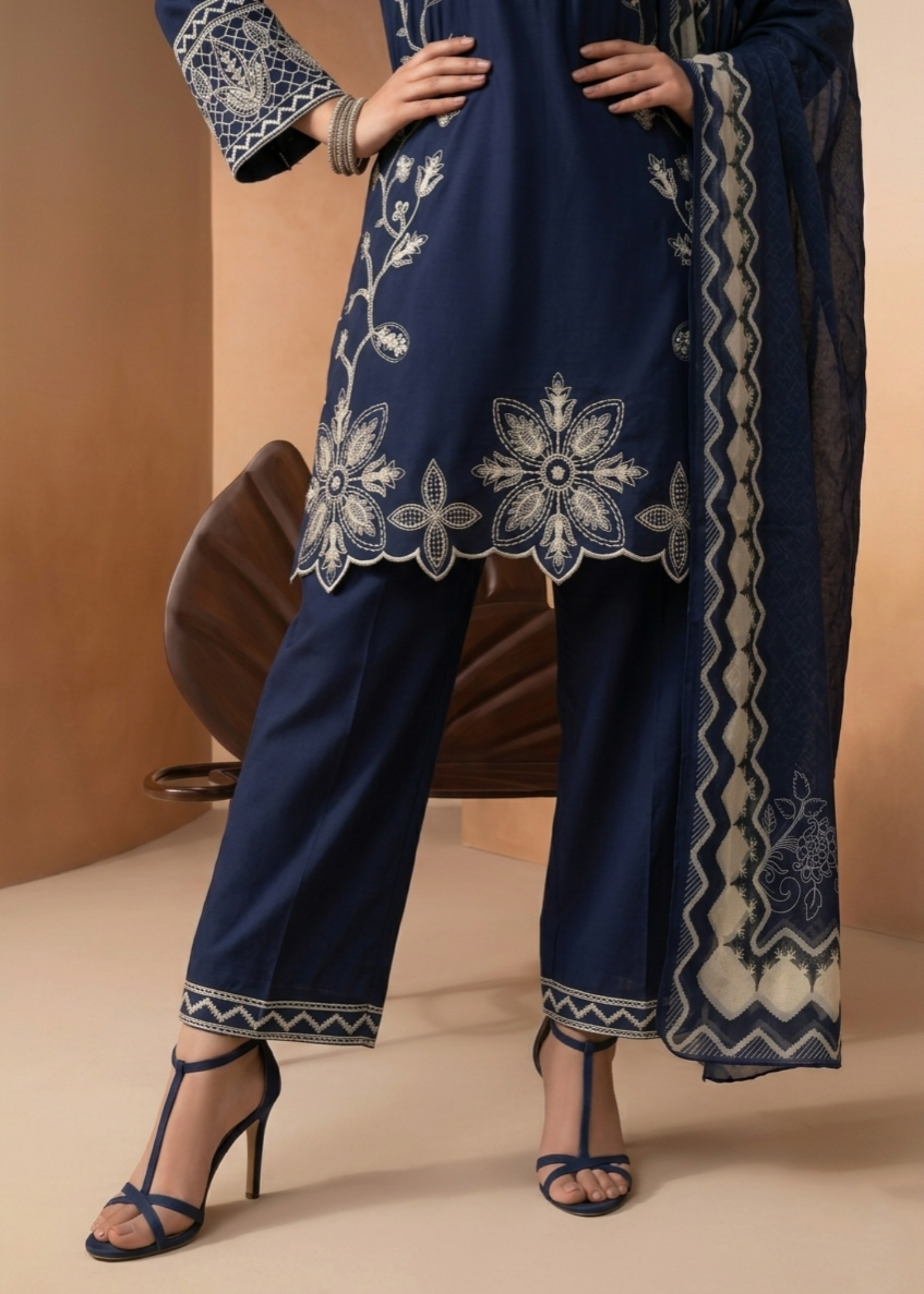 Embroidered Navy Blue Lawn Straight Kurta Suit Online in Dubai DXB UAE Abudhabi Meena Bazaar