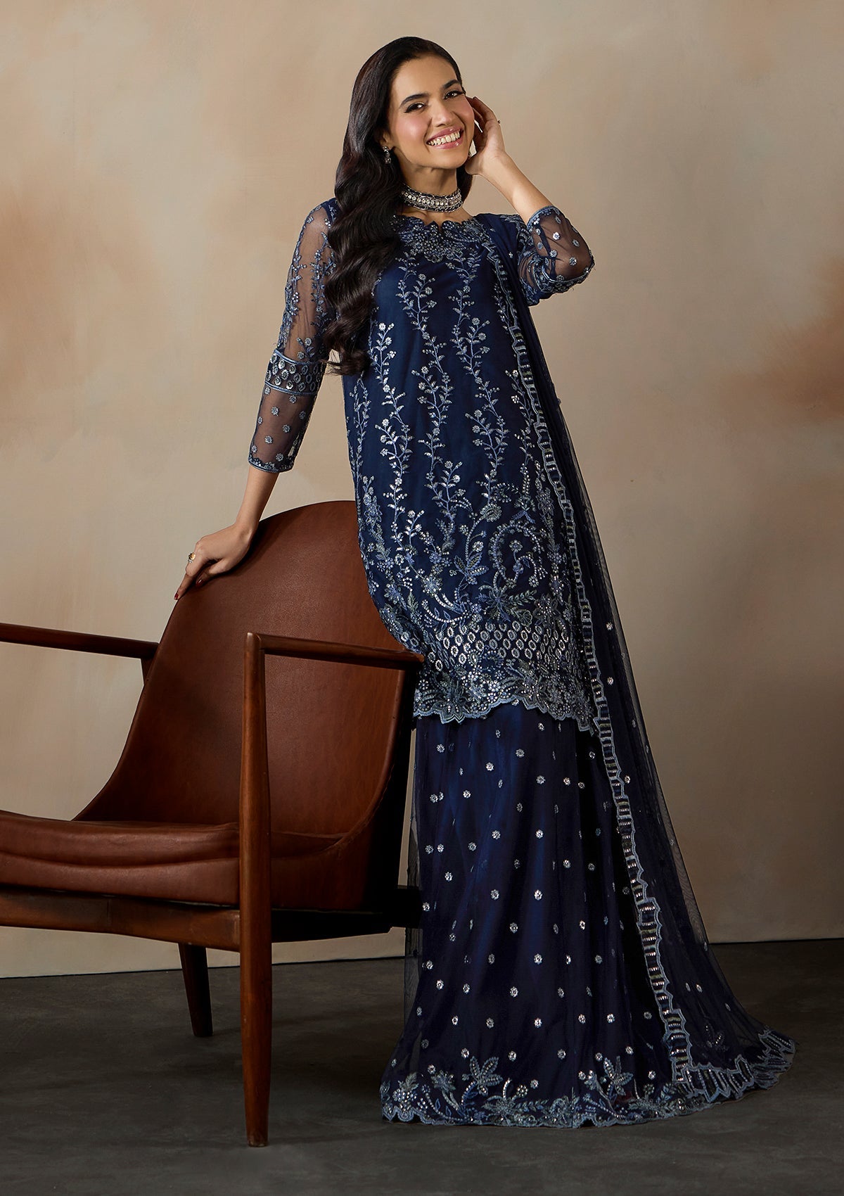 Embroidered Navy Blue Net Top with Raw Silk Bottom Online in Dubai UAE Abudhabi Ajman Sharjah