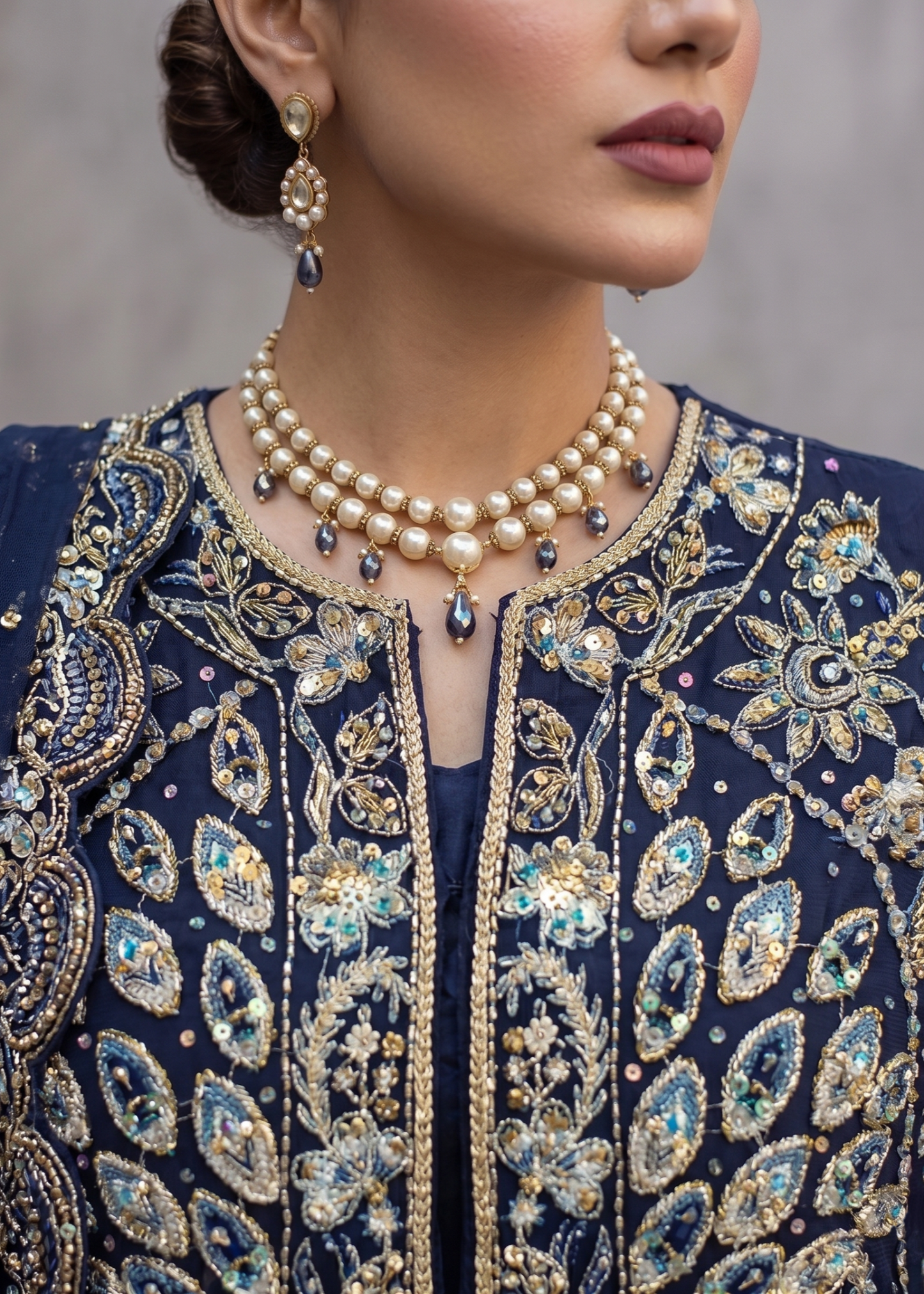 Embroidered Navy Blue Organza Kurta and Raw Silk Trouser Online in Dubai DXB UAE Abudhabi Meena Bazaar