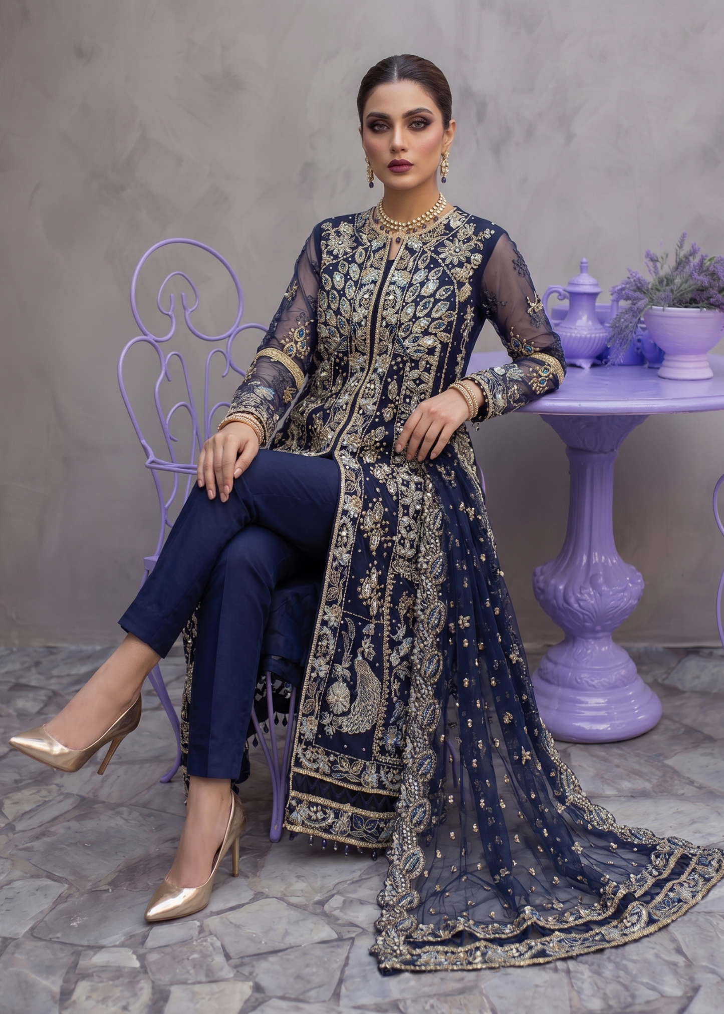 Embroidered Navy Blue Organza Kurta with Raw Silk Trouser Online in Dubai DXB UAE Abudhabi Meena Bazaar