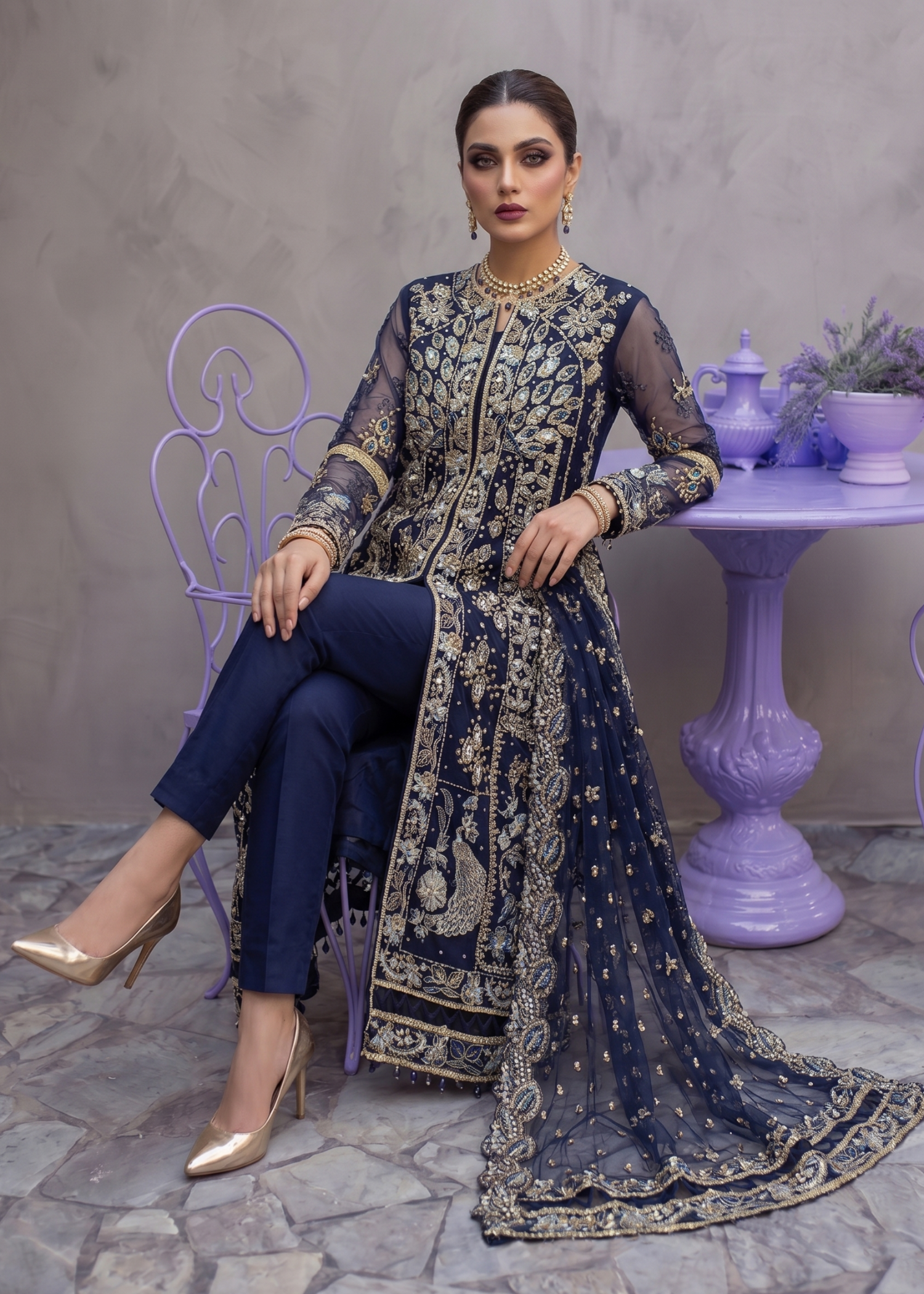 Embroidered Navy Blue Organza Kurta with Raw Silk Trouser Online in Dubai DXB UAE Abudhabi Meena Bazaar