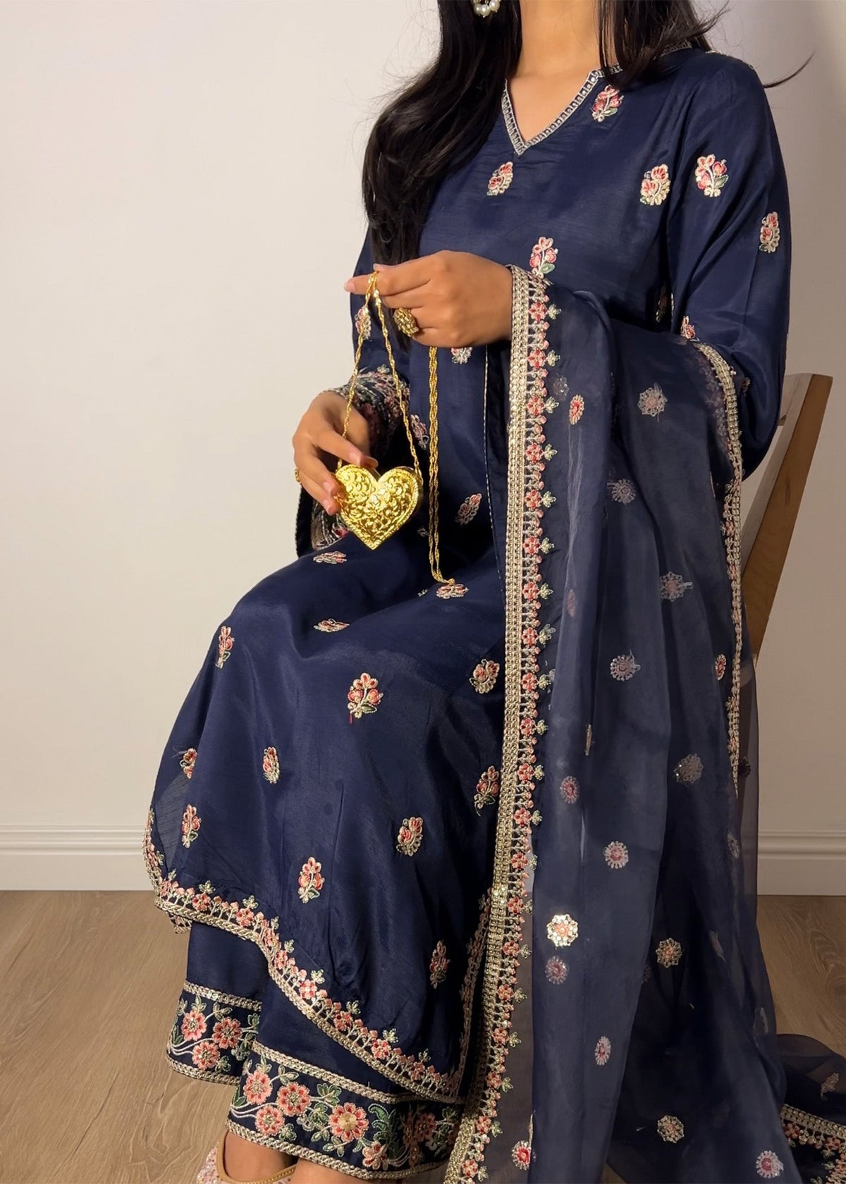 Embroidered Navy Blue Raw Silk Shalwar Kameez Online in Sri Lanka India Australia
