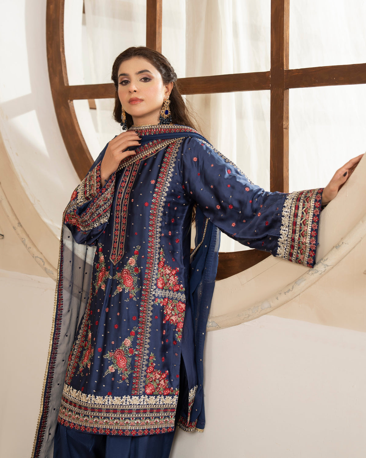 Embroidered Navy Blue Shamoz Silk Salwar Kameez Online in KSA Riyadh Saudi Arabia Oman Bahrain Qatar