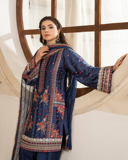 Embroidered Navy Blue Shamoz Silk Salwar Kameez Online in KSA Riyadh Saudi Arabia Oman Bahrain Qatar