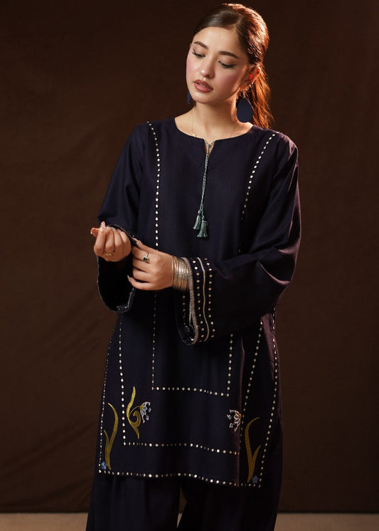 Embroidered Navy Blue Slub Khaddar Kurta Set Online in Dubai DXB UAE Abudhabi Meena Bazaar