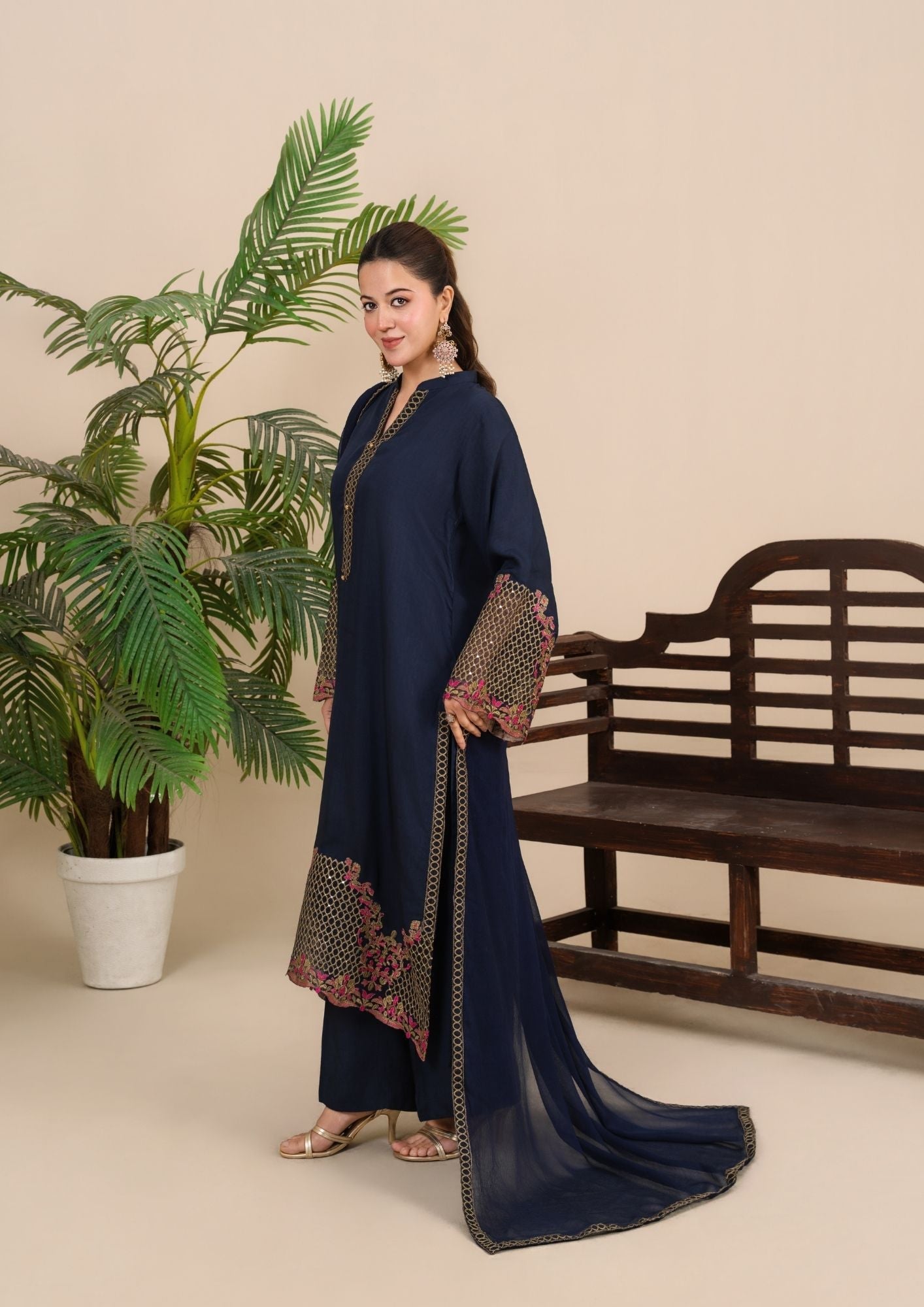 Embroidered Navy Blue Viscose Silk Festive Suit Online in Sri Lanka India Australia