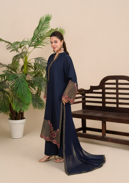 Embroidered Navy Blue Viscose Silk Festive Suit Online in Sri Lanka India Australia