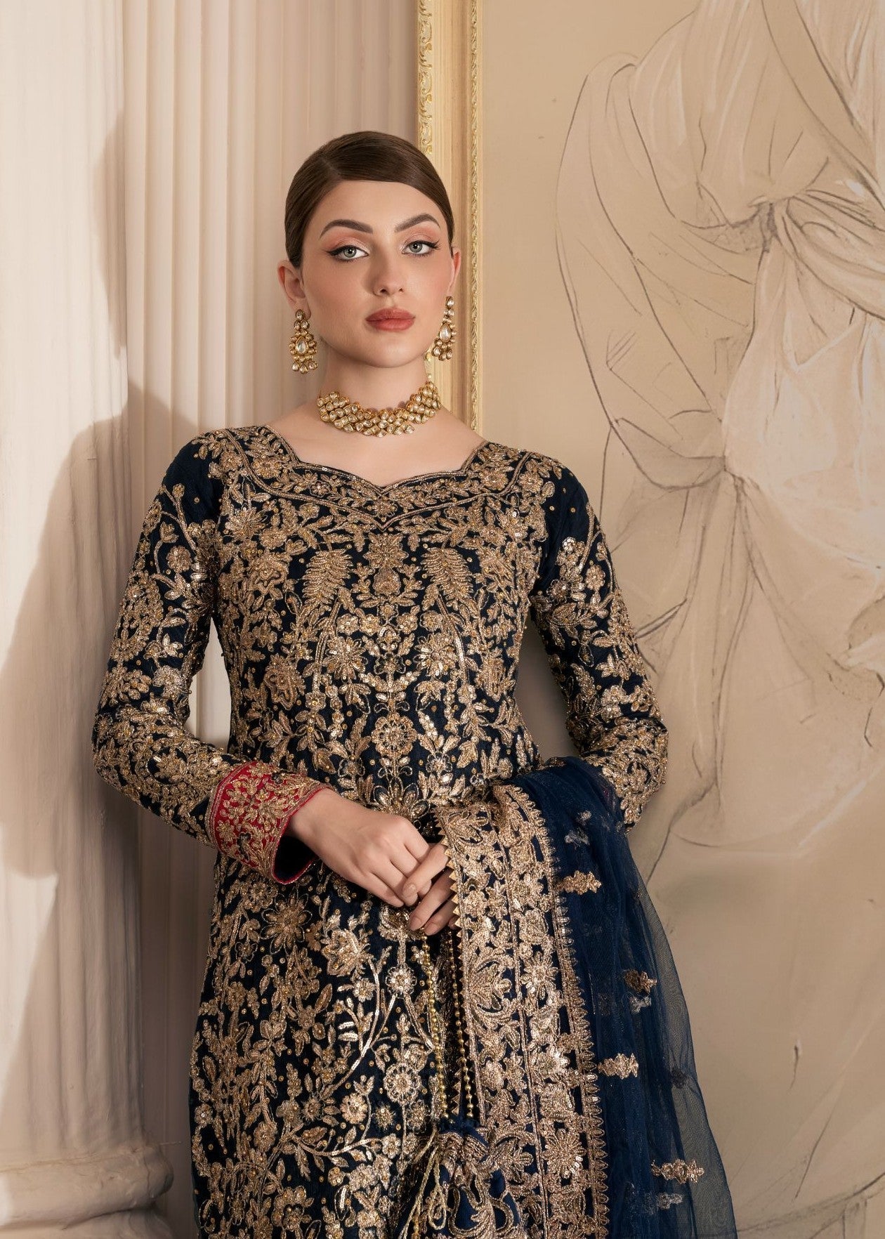 Embroidered Navy Net 3 Piece Pakistani Outfit Online in Sri Lanka India Australia