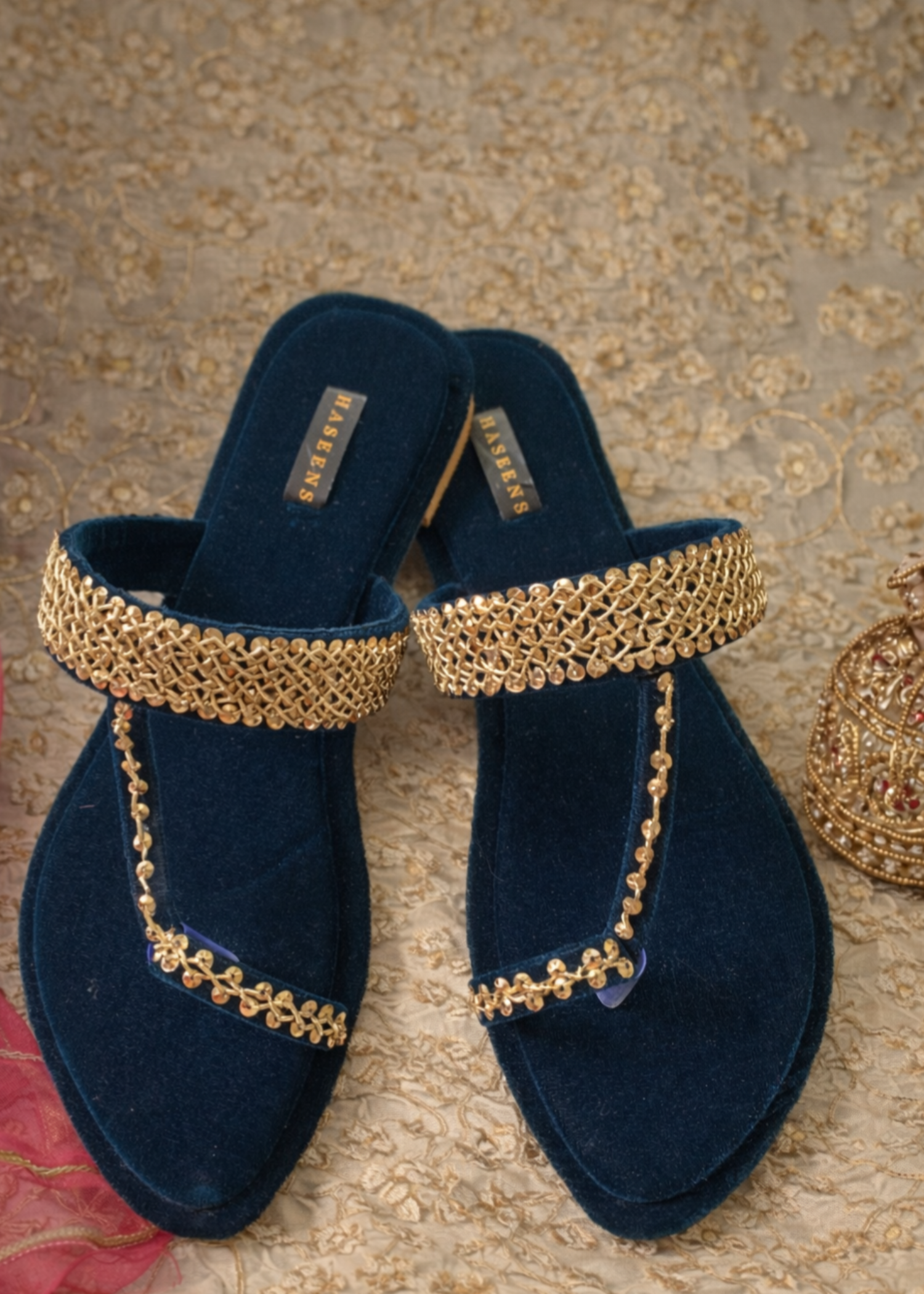 Embroidered Navy Velvet Jutti Online in UK USA Canada