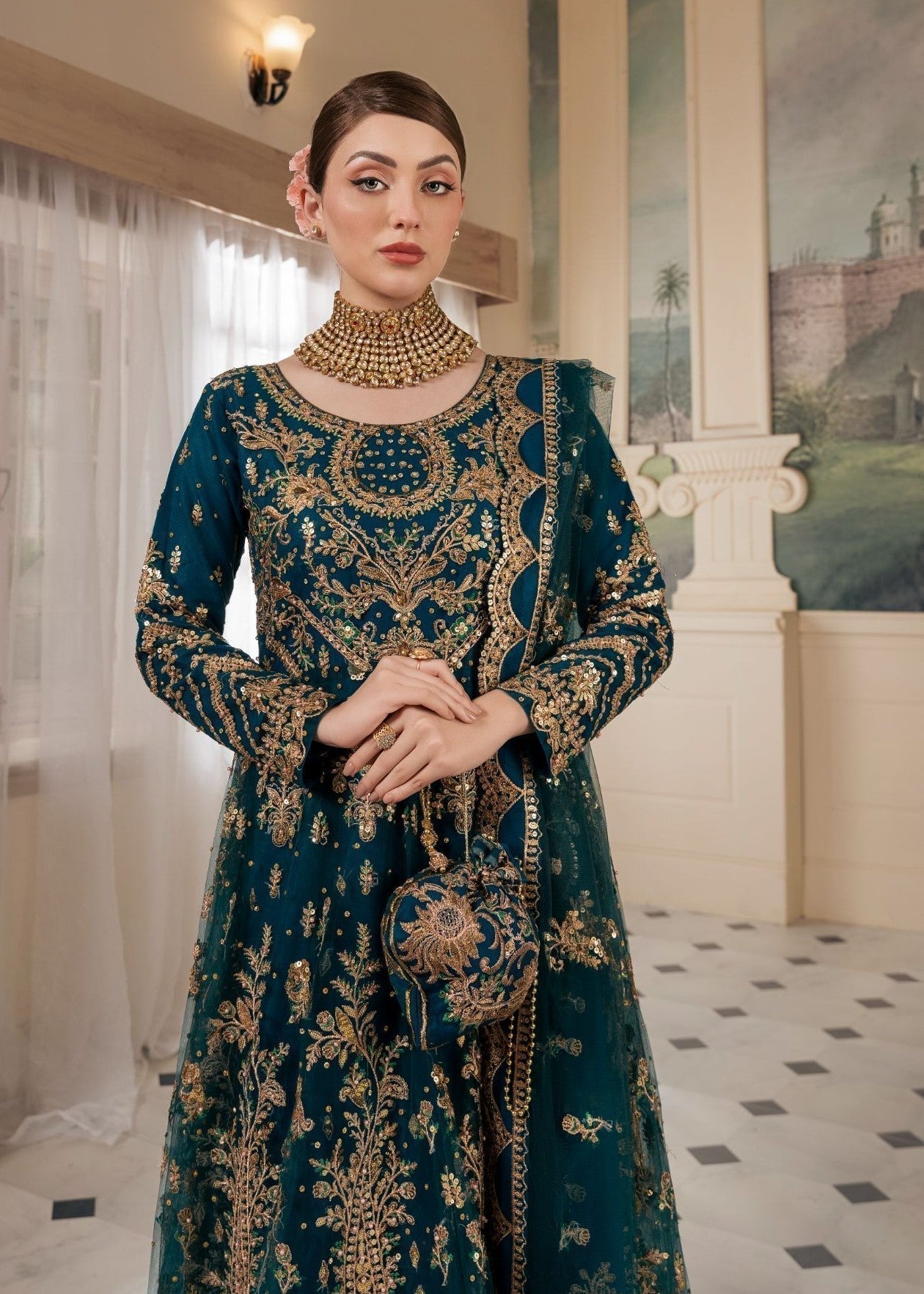 Embroidered Net Anarkali Maxi with Dupatta Online in Dubai UAE Abudhabi Ajman Sharjah