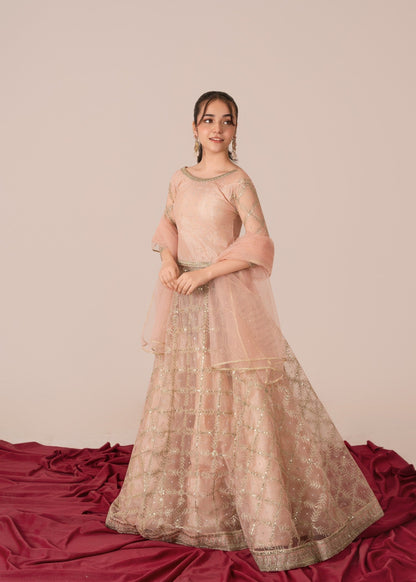 Embroidered Net Lehenga Set Tea Pink Online in KSA Riyadh Saudi Arabia Oman Bahrain Qatar
