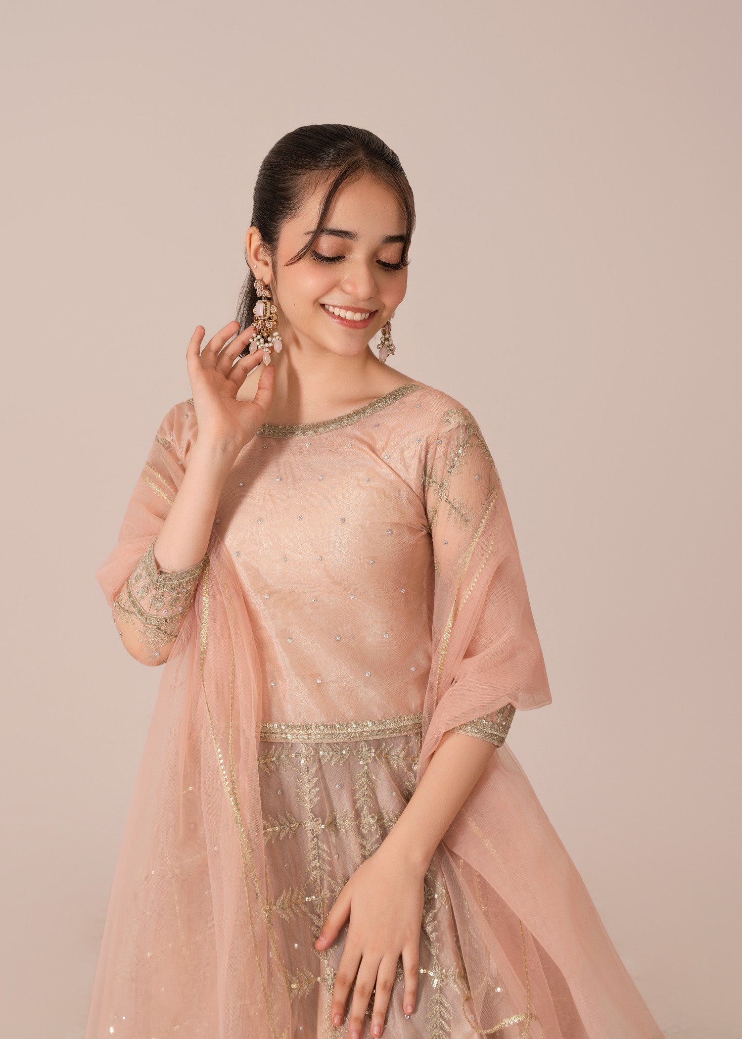 Embroidered Net Lehenga Set Tea Rose Pink Online in Dubai DXB UAE Abudhabi Meena Bazaar