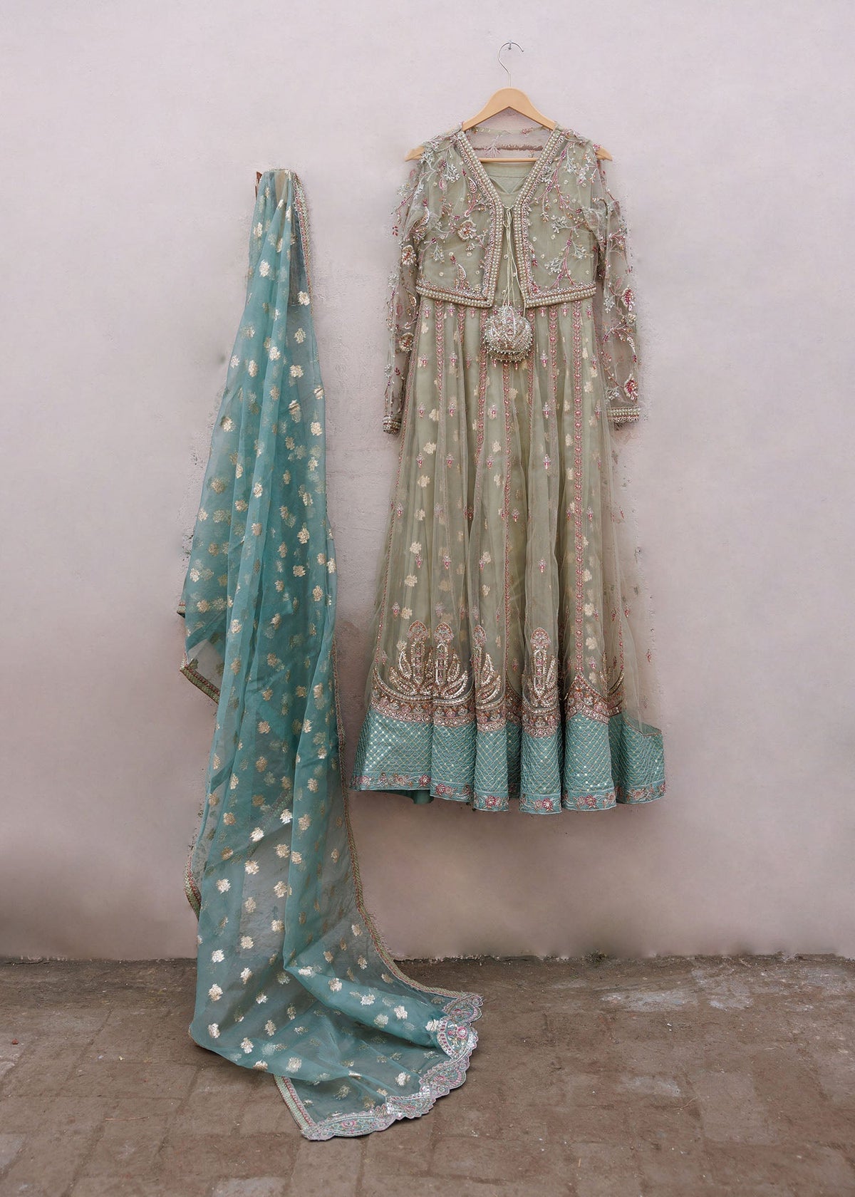 Embroidered Net Maxi with Jacket and Dupatta Pakistani Designer Suits Online in KSA Riyadh Saudi Arabia Oman Bahrain Qatar