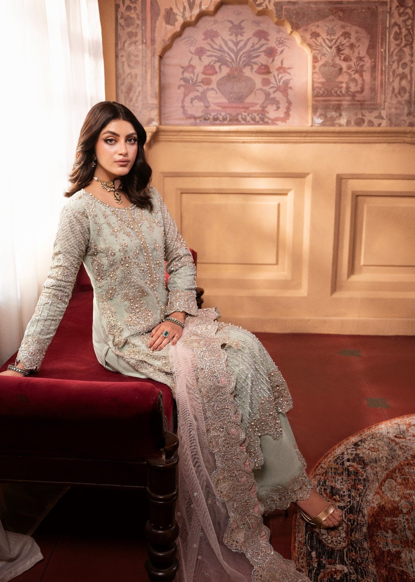 Embroidered Net Mint Green Wedding Suit Online in Dubai UAE Abudhabi Ajman Sharjah