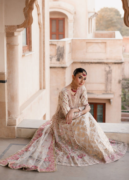 Embroidered Net Pishwas in White with Pink Floral Motifs Online in Dubai UAE Abudhabi Ajman Sharjah