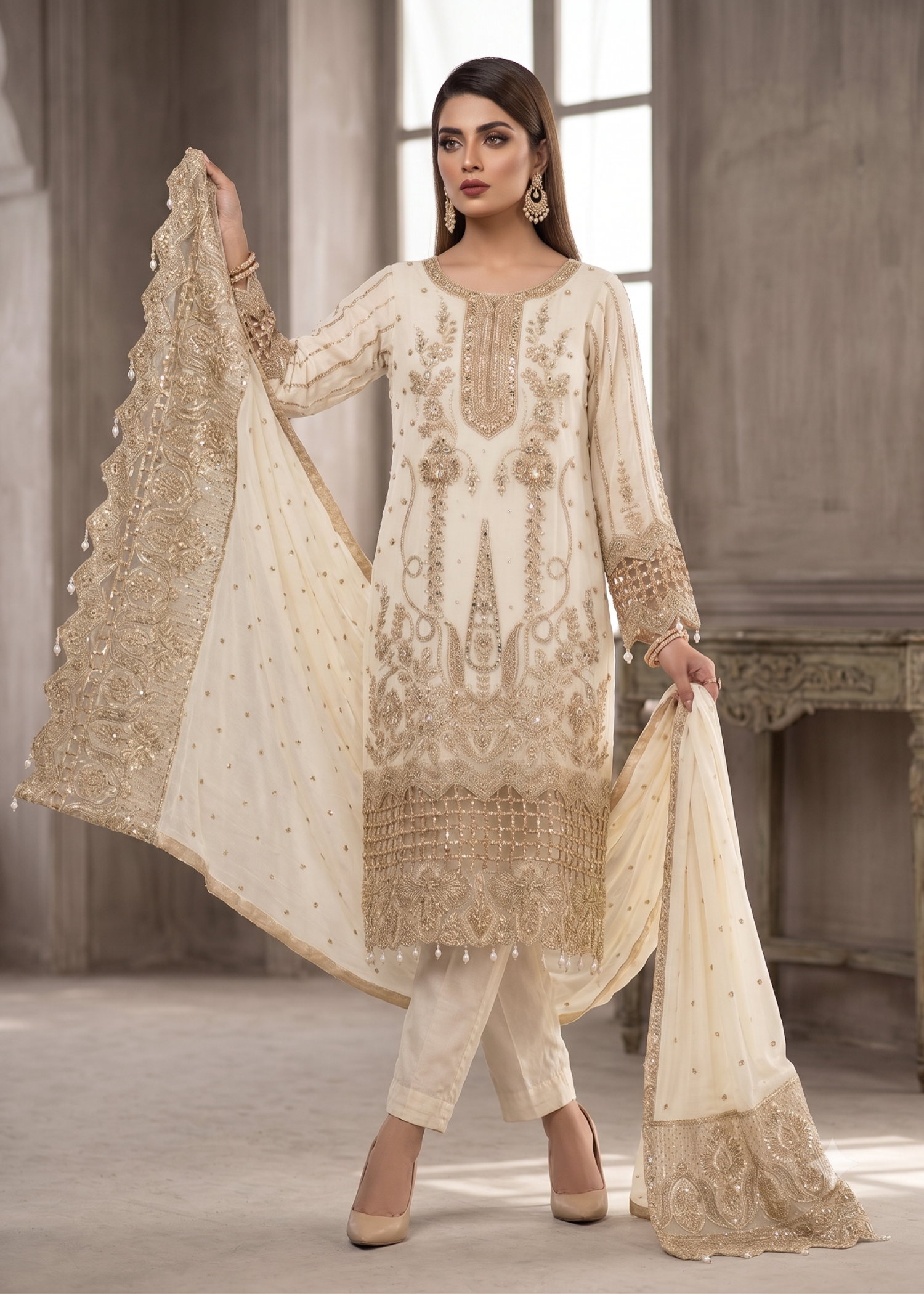 Embroidered Off-White Chiffon Festive Wear Suit Online in Sri Lanka India Australia