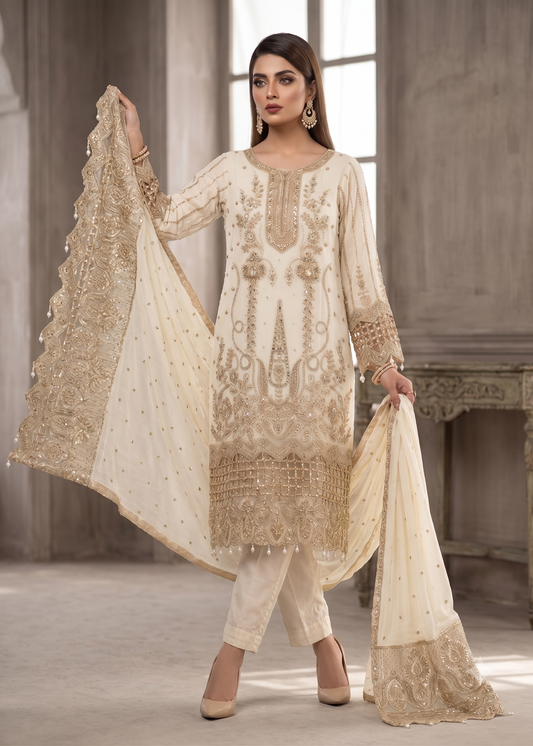 Embroidered Off-White Chiffon Festive Wear Suit Online in Sri Lanka India Australia