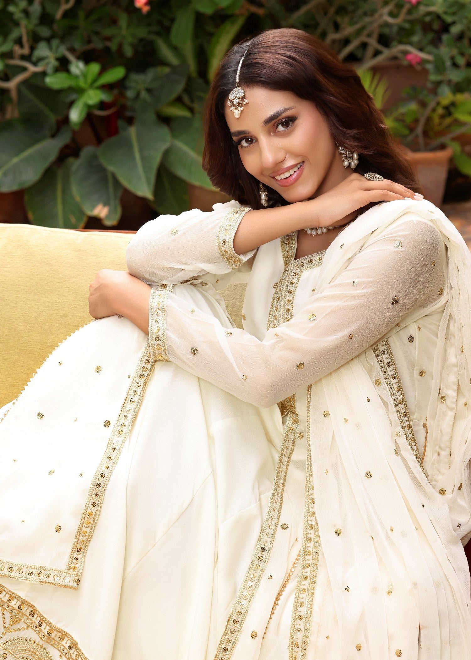 Embroidered Off-White Chiffon Flared Pishwas with Dupatta Online in Sri Lanka India Australia