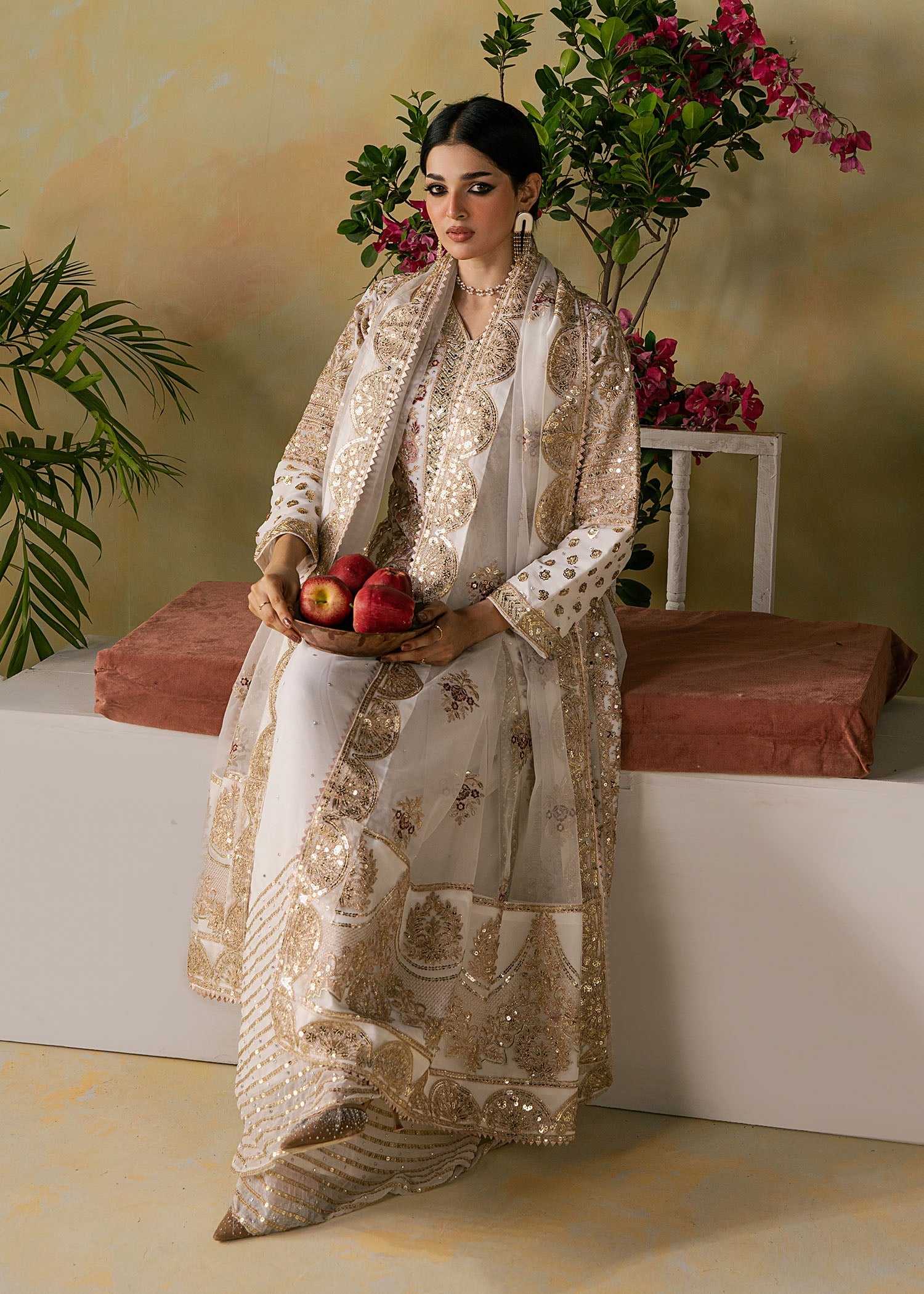 Embroidered Off-White Chiffon Plazzo Trouser Suit Online in Dubai UAE Abudhabi Ajman Sharjah