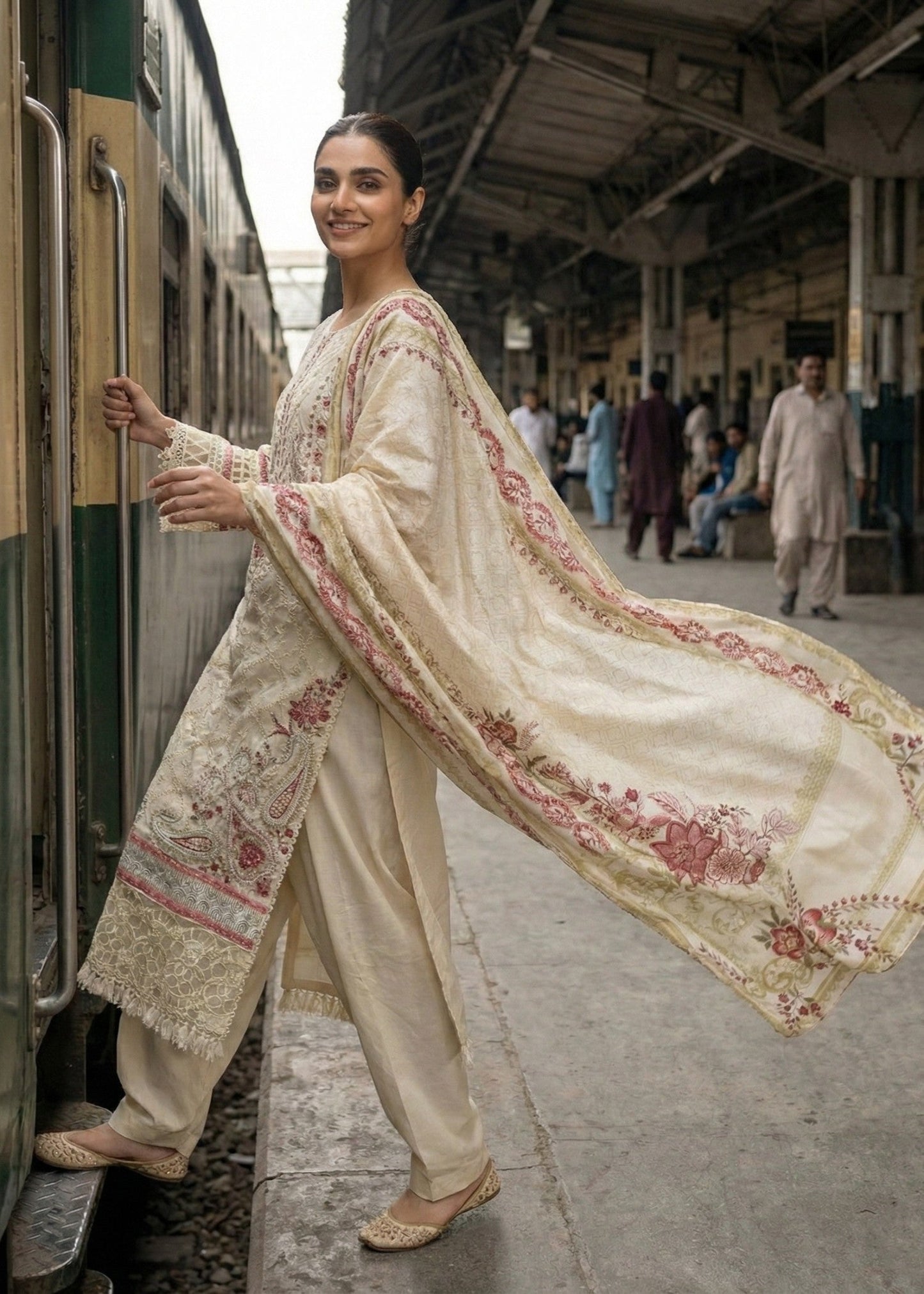 Embroidered Off White Lawn 3 Piece Dress Online in Dubai DXB UAE Abudhabi Meena Bazaar