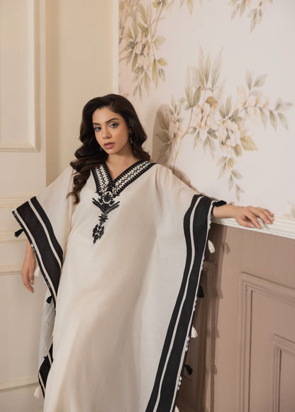 Embroidered Off-White Lawn Kaftan Pakistani Suit Online in Dubai UAE Abudhabi Ajman Sharjah