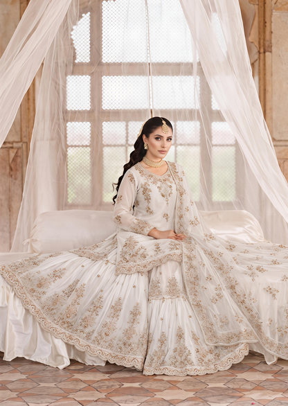 Embroidered Off-White Net Gharara Online in Dubai DXB UAE Abudhabi Meena Bazaar