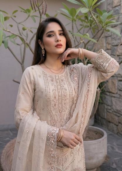 Embroidered Off-White Organza Festive Wear Online in UK USA Canada