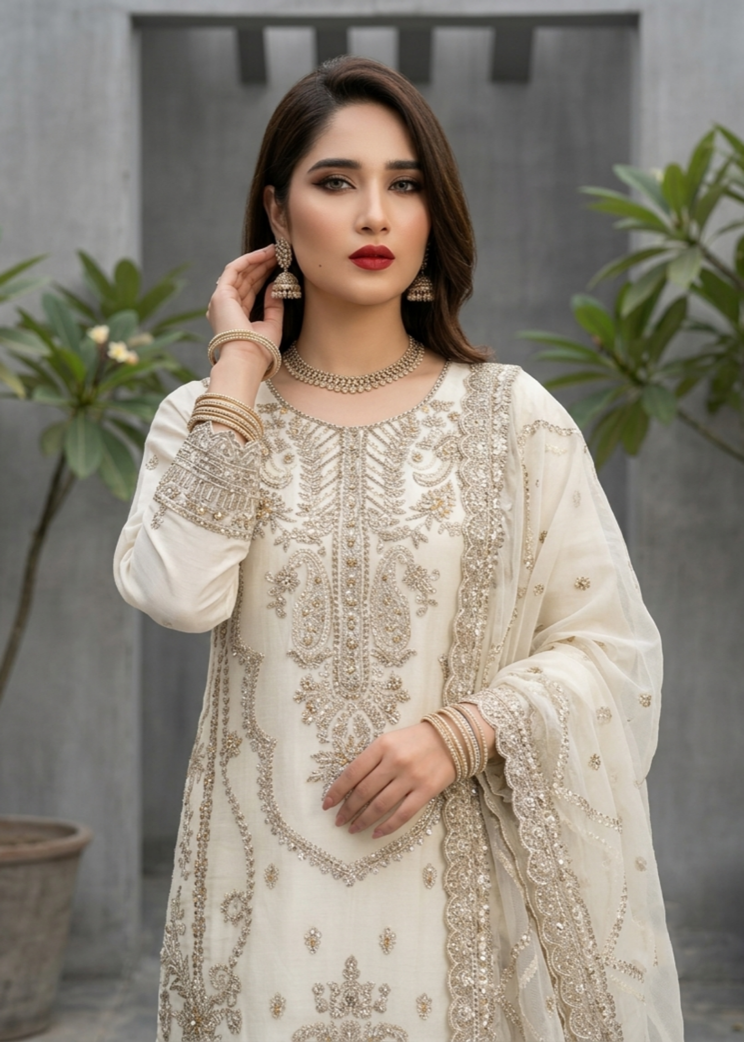 Embroidered Off-White Organza Kurta Suit Online in Dubai UAE Abudhabi Ajman Sharjah