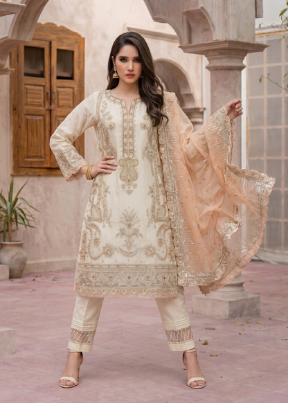 Embroidered Off-White Organza Party Wear Salwar Kameez Online in Dubai UAE Abudhabi Ajman Sharjah