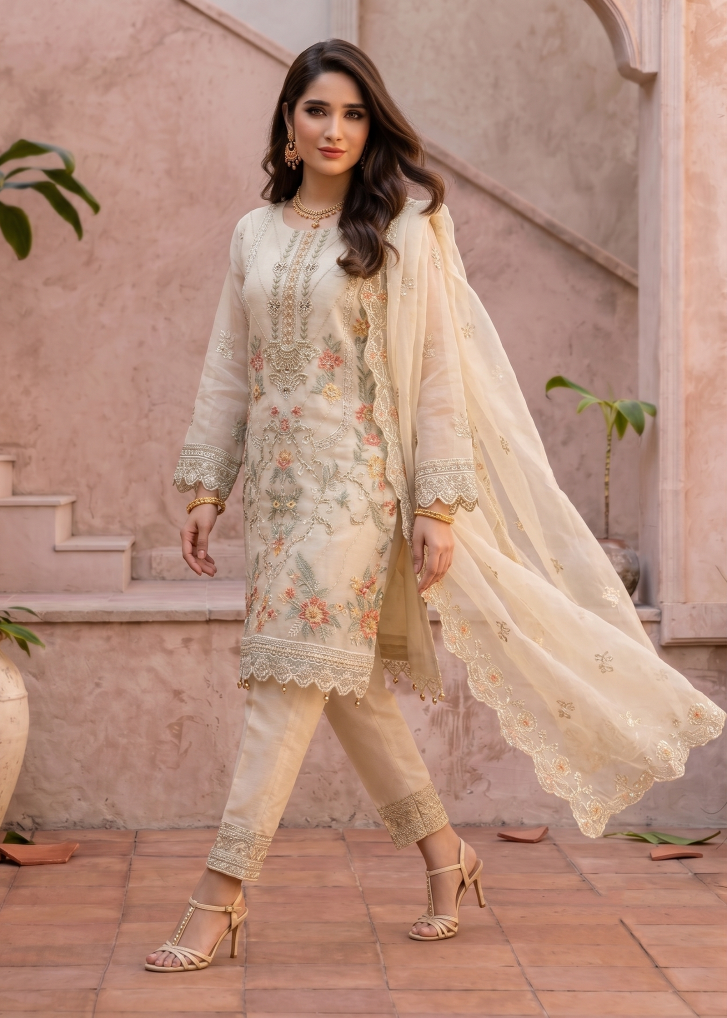 Embroidered Off-White Organza Party Wear Salwar Suit Online in Dubai UAE Abudhabi Ajman Sharjah