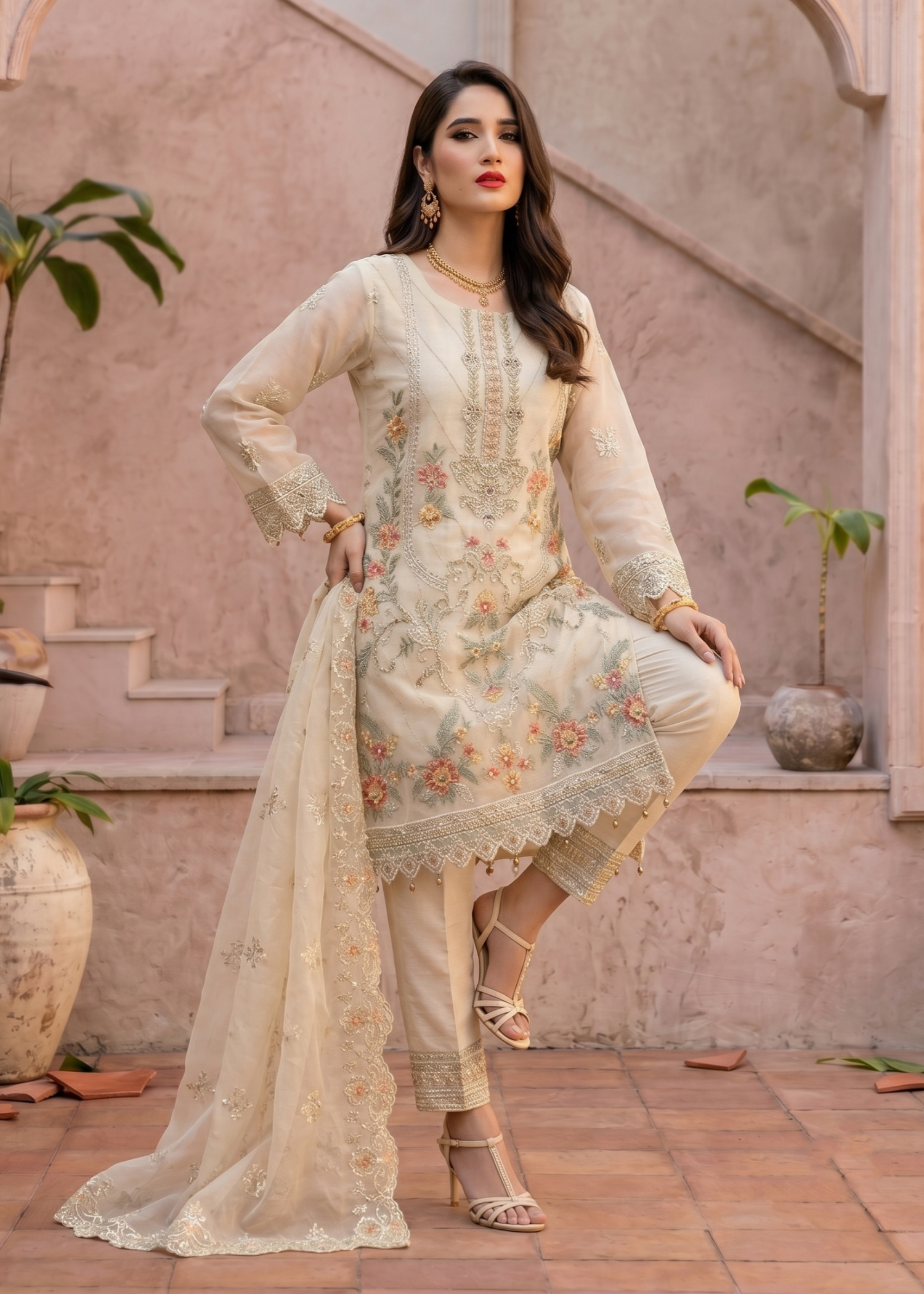 Embroidered Off-White Organza Salwar Kameez Online in Dubai UAE Abudhabi Ajman Sharjah