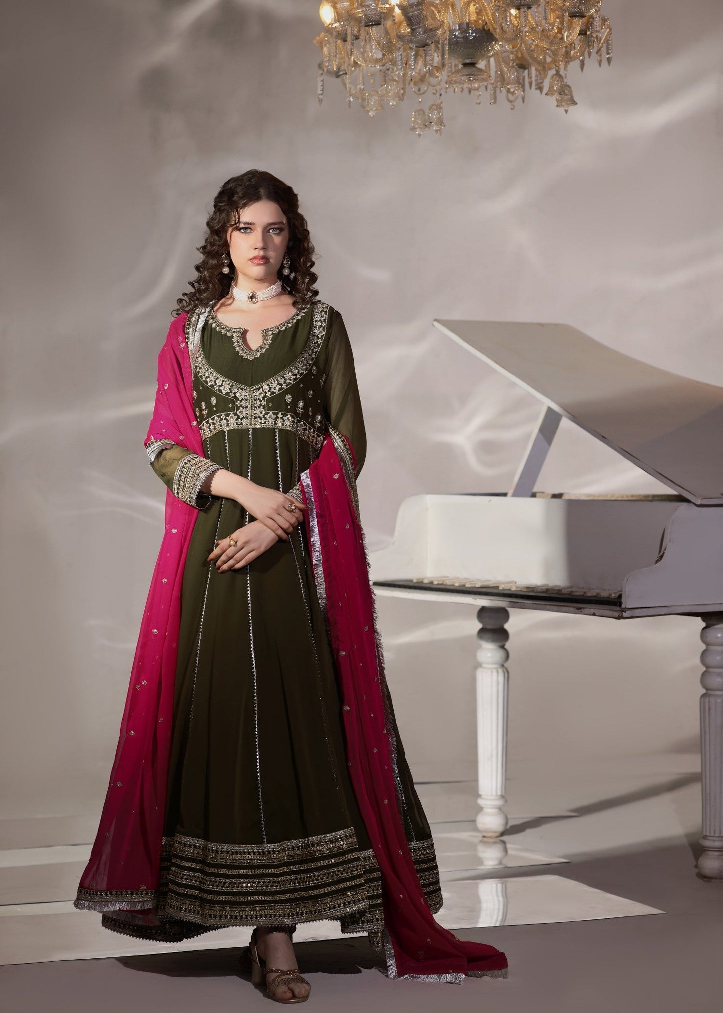 Embroidered Olive Green Chiffon Straight Trouser Suit Online in Dubai UAE Abudhabi Ajman Sharjah