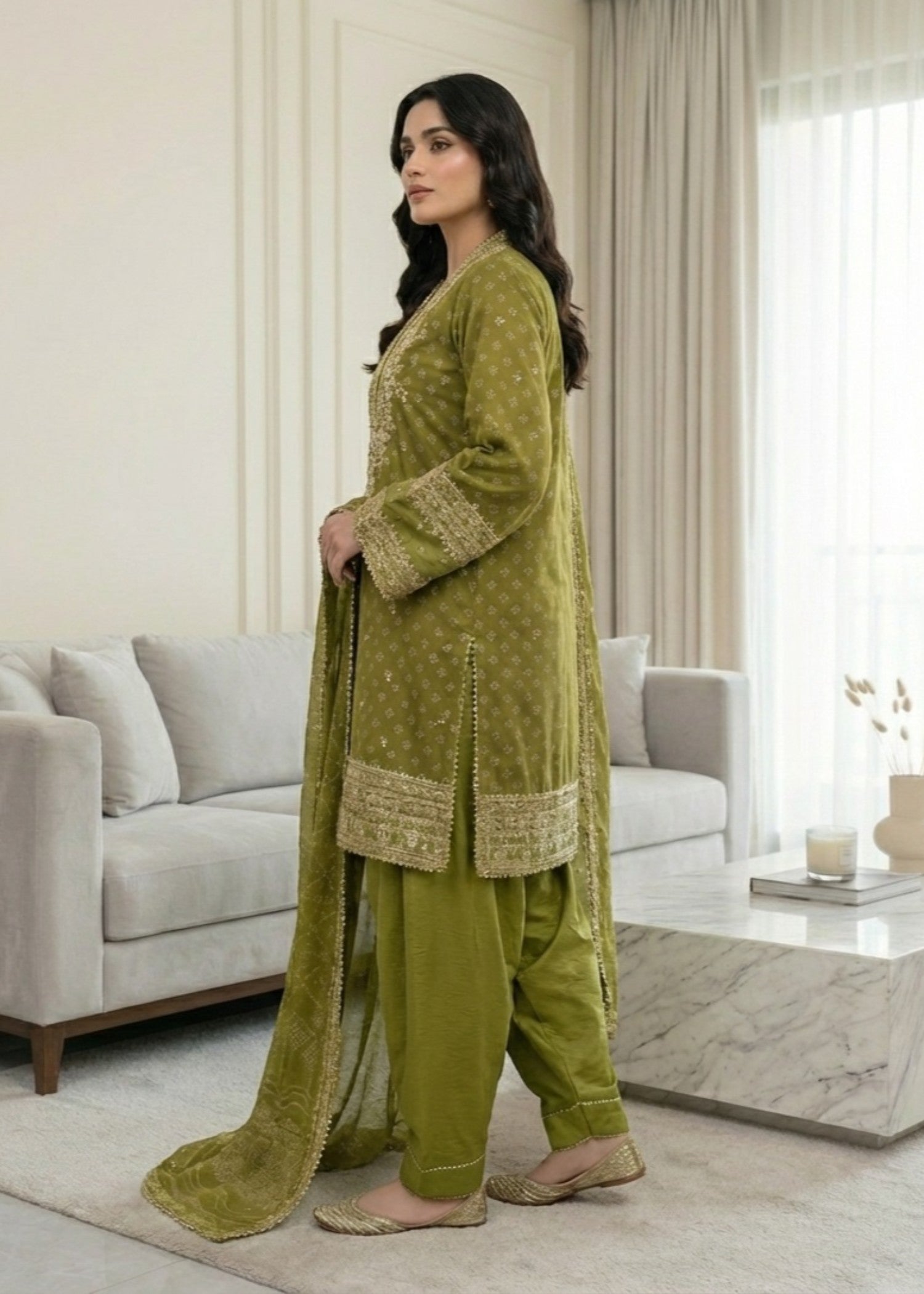 Embroidered Olive Green Farshi Shalwar Dress Online in Dubai DXB UAE Abudhabi Meena Bazaar