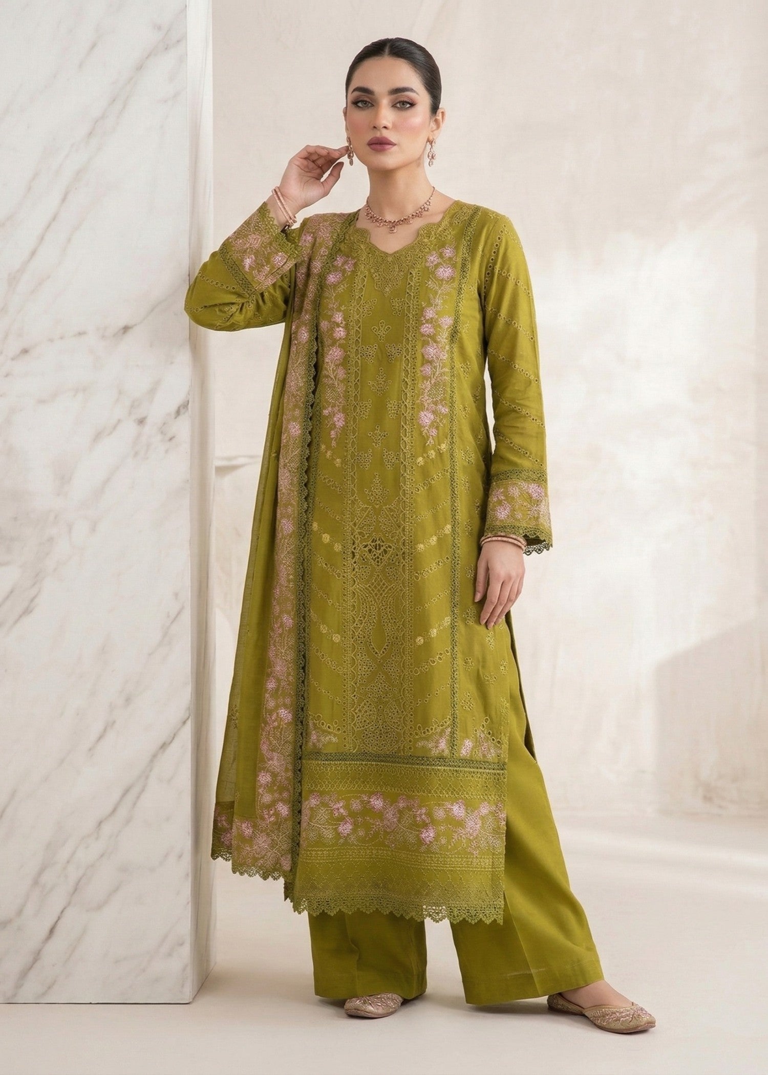 Embroidered Olive Green Lawn Kurta with Chiffon Dupatta Online in Dubai DXB UAE Abudhabi Meena Bazaar