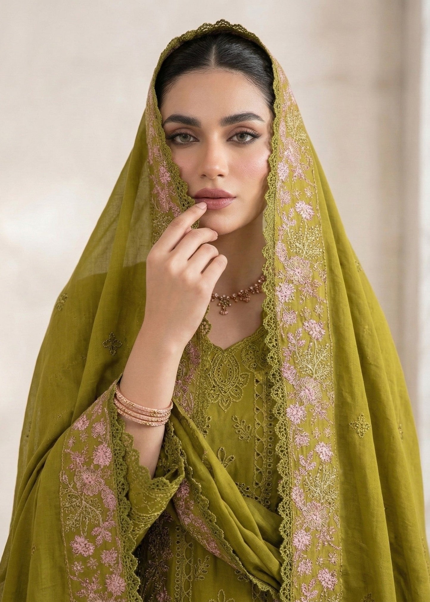 Embroidered Olive Green Lawn Kurta with Cotton Trouser Online in Dubai UAE Abudhabi Ajman Sharjah